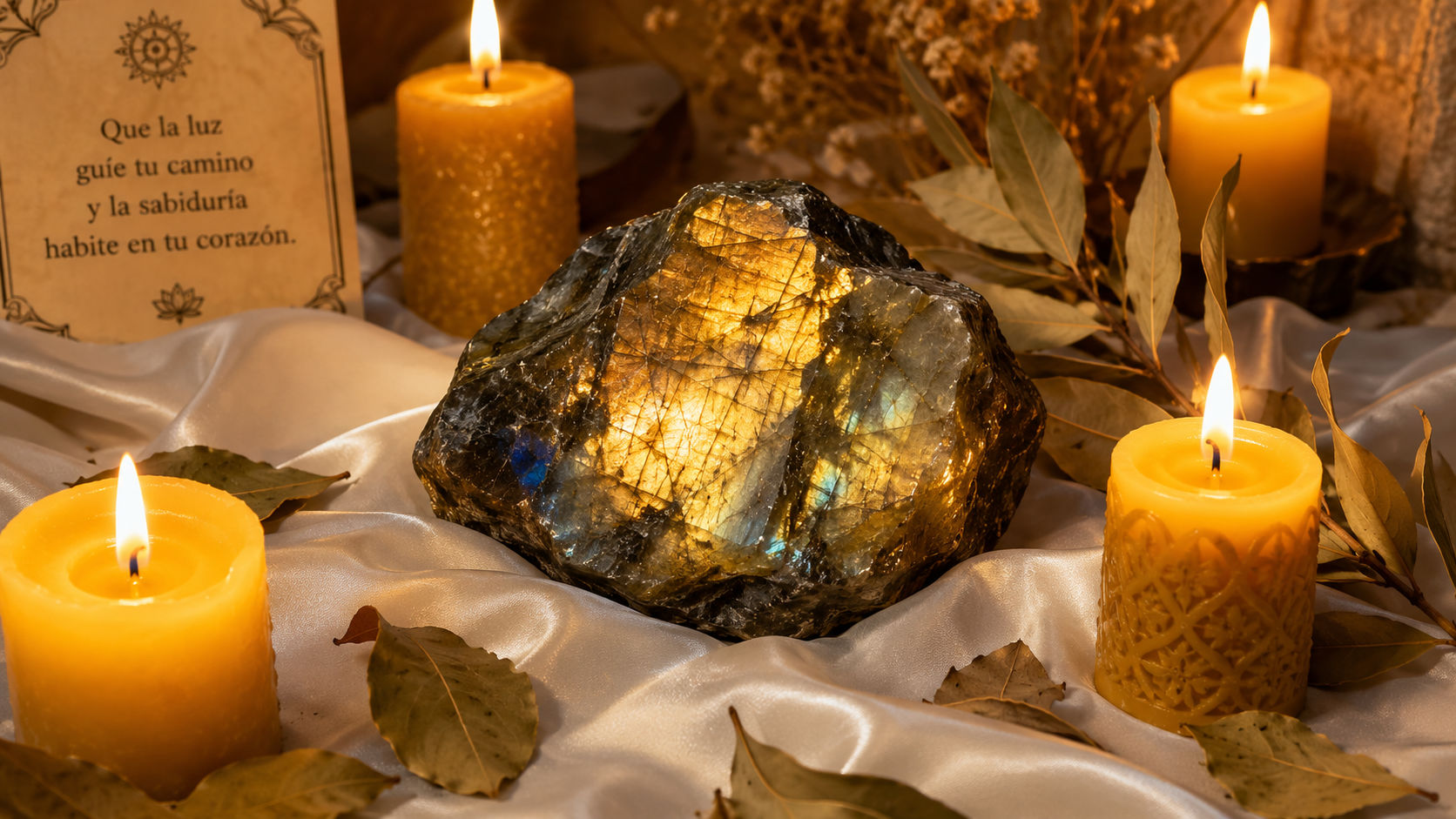 Cluster de Labradorita Dorada en el altar sagrado para magnificar los hechizos de manifestación y voluntad.