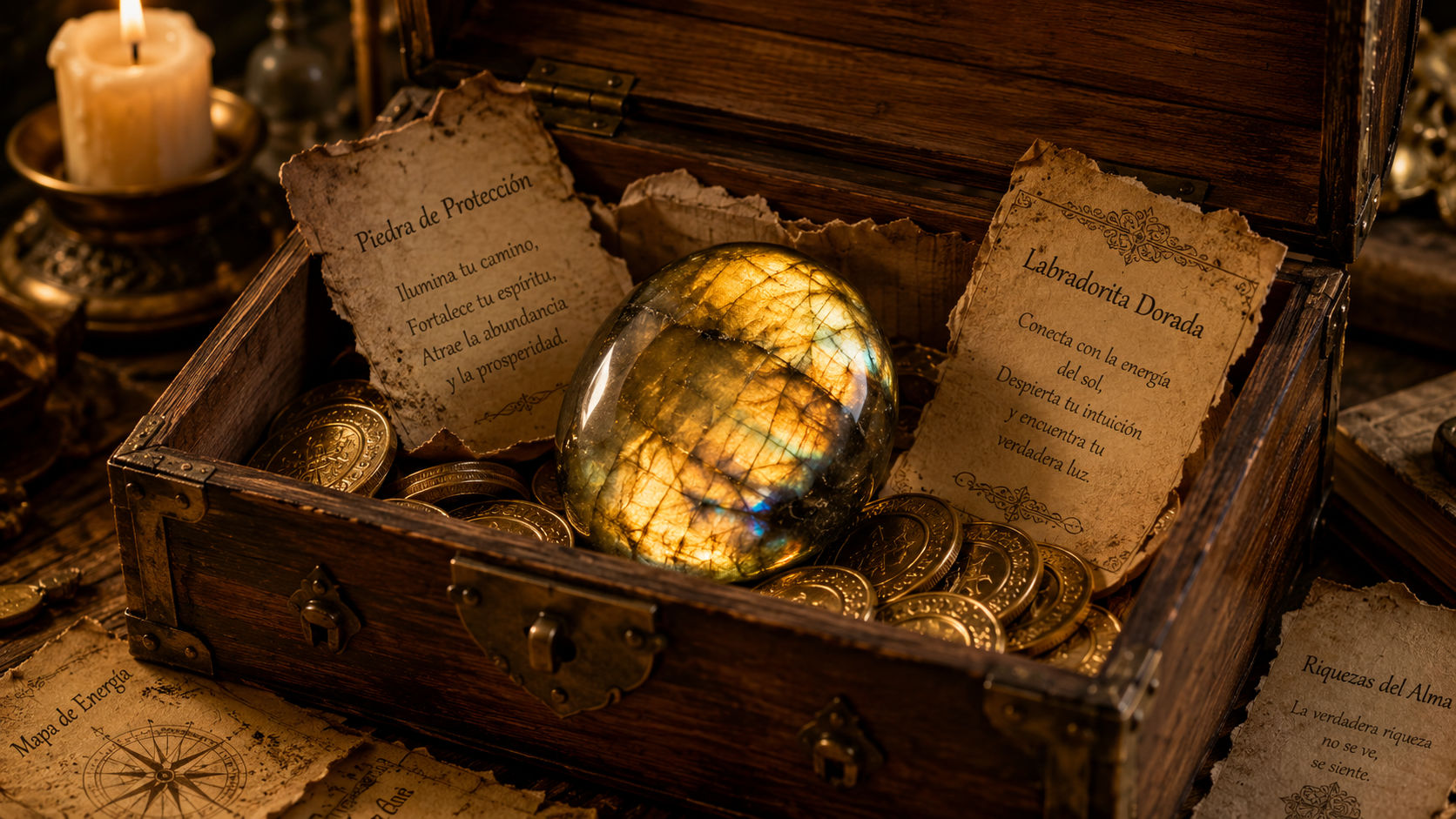 Labradorita Dorada junto a símbolos de riqueza para magnetizar la prosperidad y la provisión cósmica.