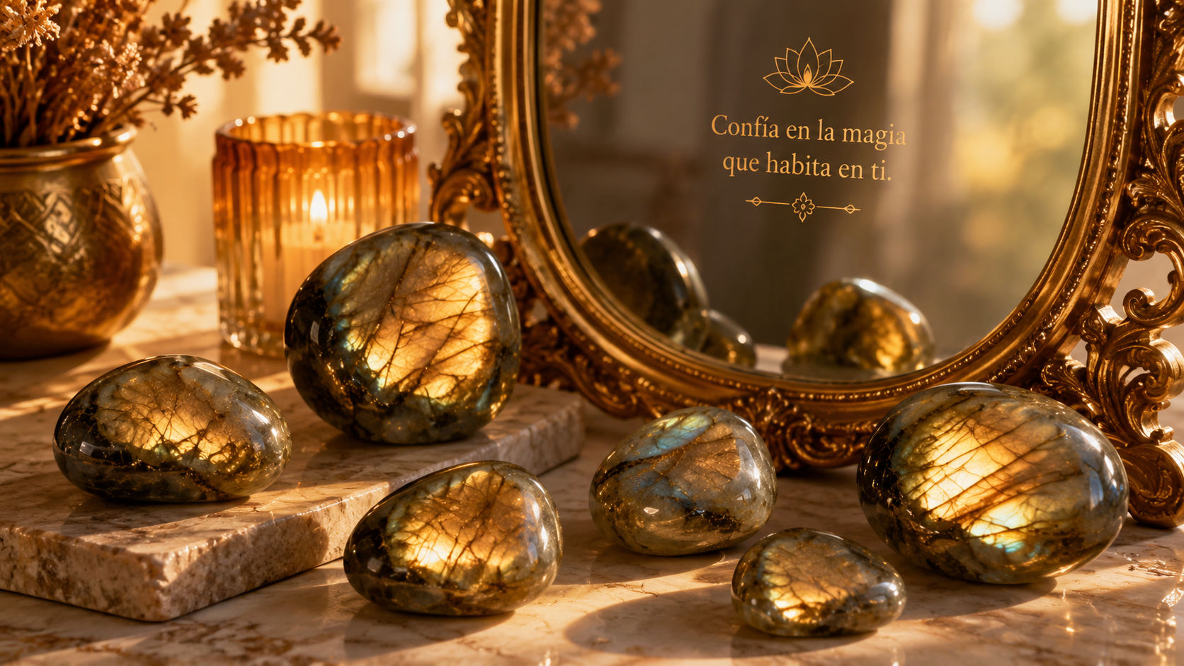 Piedras de Labradorita Dorada frente al espejo para disolver las inseguridades y despertar al soberano interno.