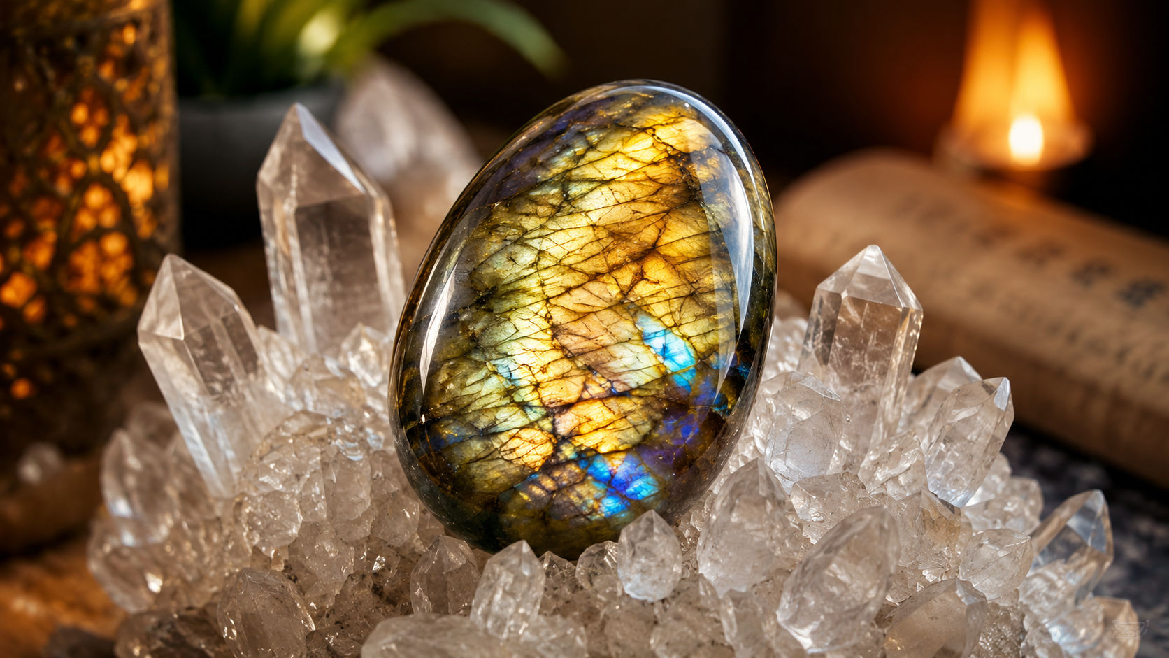 Deposita la Labradorita Dorada sobre un cúmulo de cuarzos hialinos durante un ciclo completo de sol a sol en tu altar sagrado. La pureza del cristal de roca absorberá los residuos energéticos de la gema amarilla, devolviéndole su vibración cristalina original.
