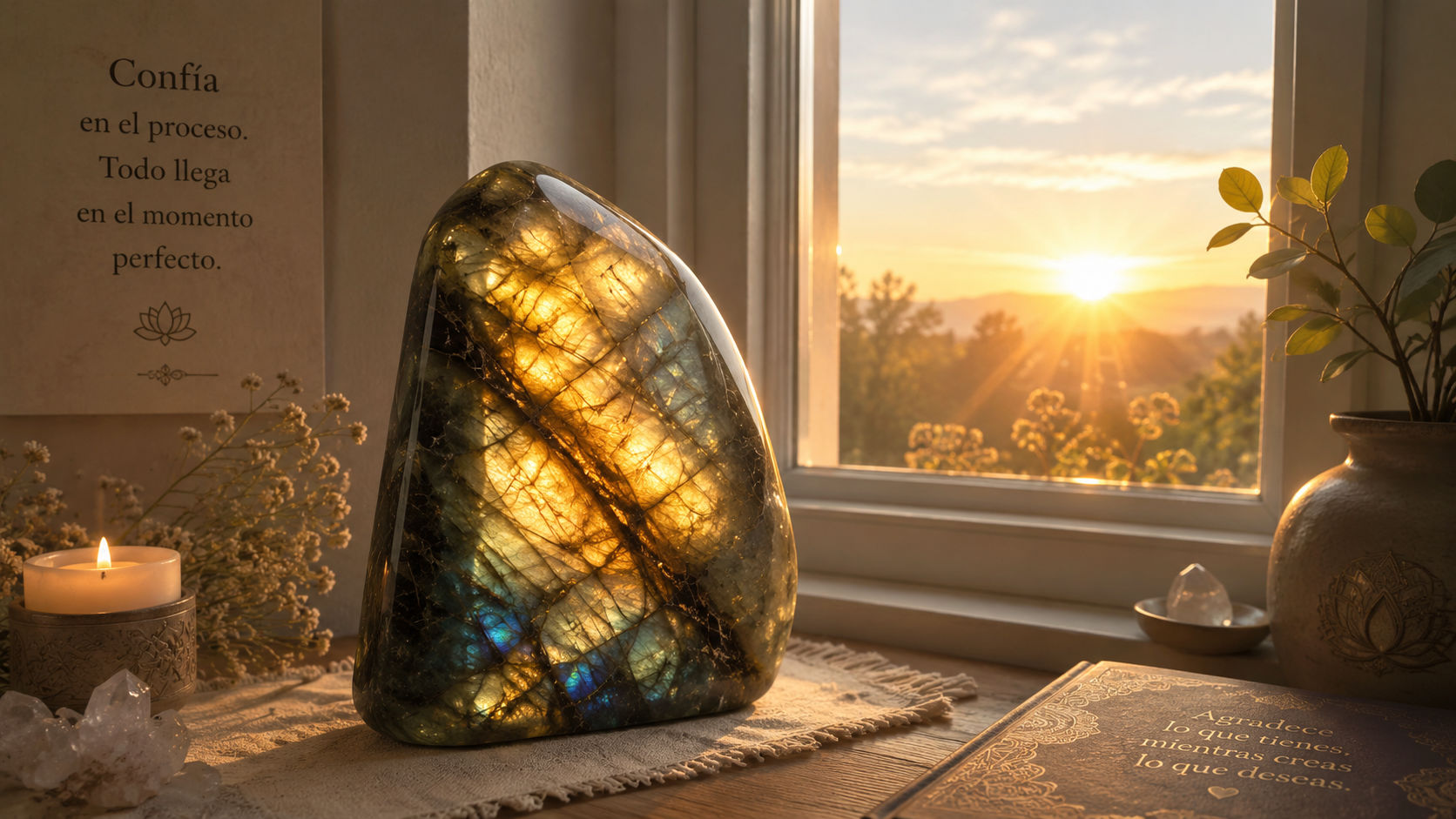 Coloca el cristal al aire libre o en una ventana durante las dos primeras horas de la mañana, cuando el sol entrega sus rayos más puros. Esta frecuencia renueva de forma directa el Rayo Dorado en el núcleo del mineral, encendiendo su capacidad de manifestación.