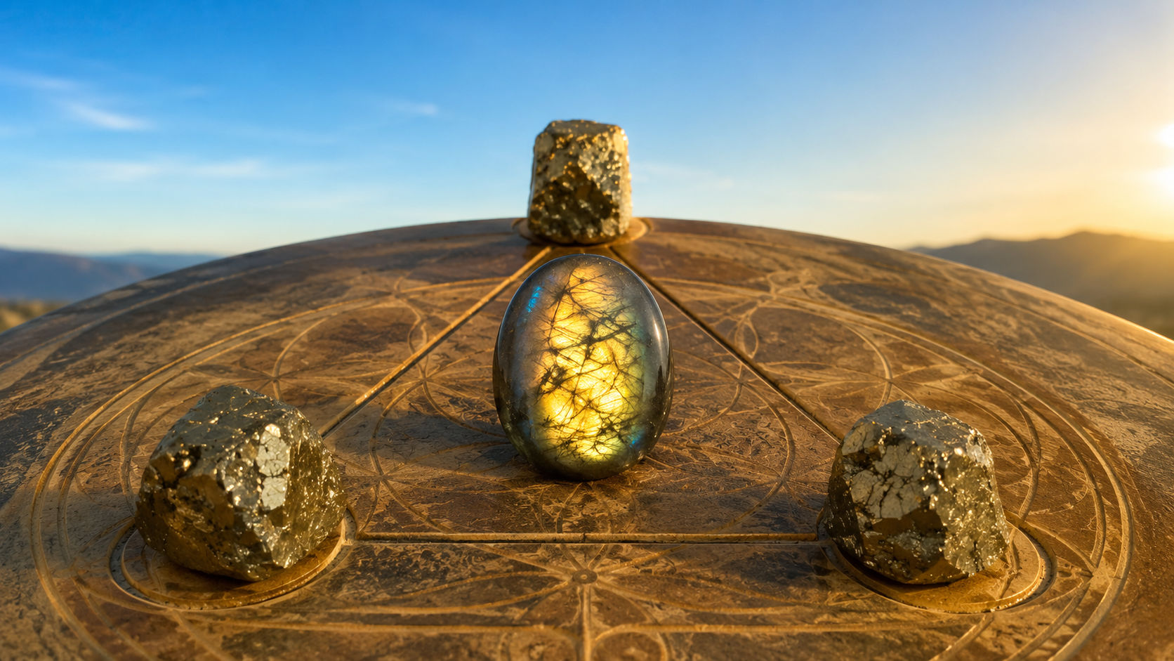 Ubica la Labradorita Dorada en el centro de un triángulo formado por tres piedras de Pirita durante una tarde de cielo despejado. La geometría de la tierra sumada al metal solar cargará el amuleto con una inmensa fuerza magnética para la atracción de la fortuna.