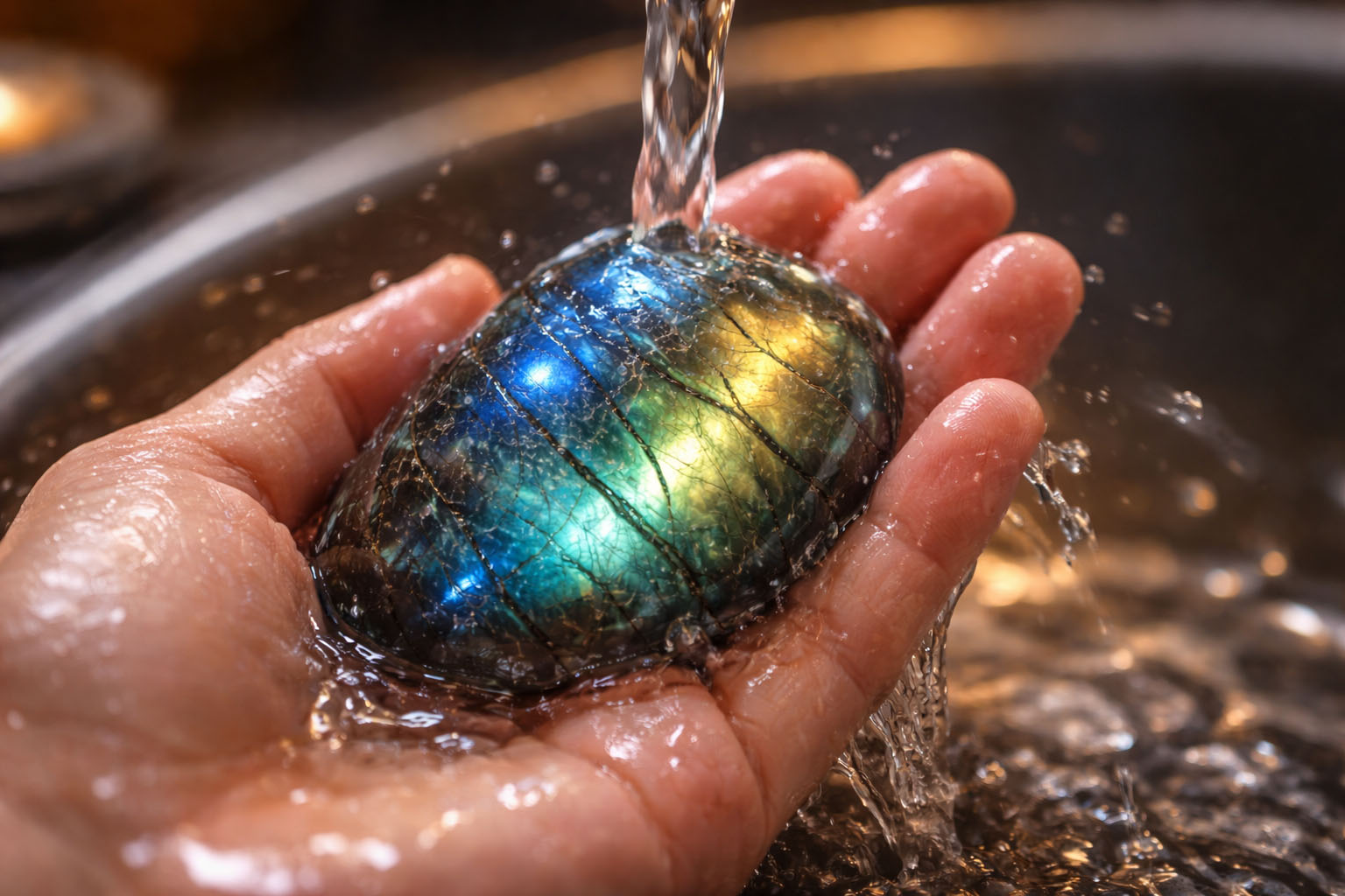 Pasa la piedra por agua tibia para remover la densidad estática del día a día de forma suave.