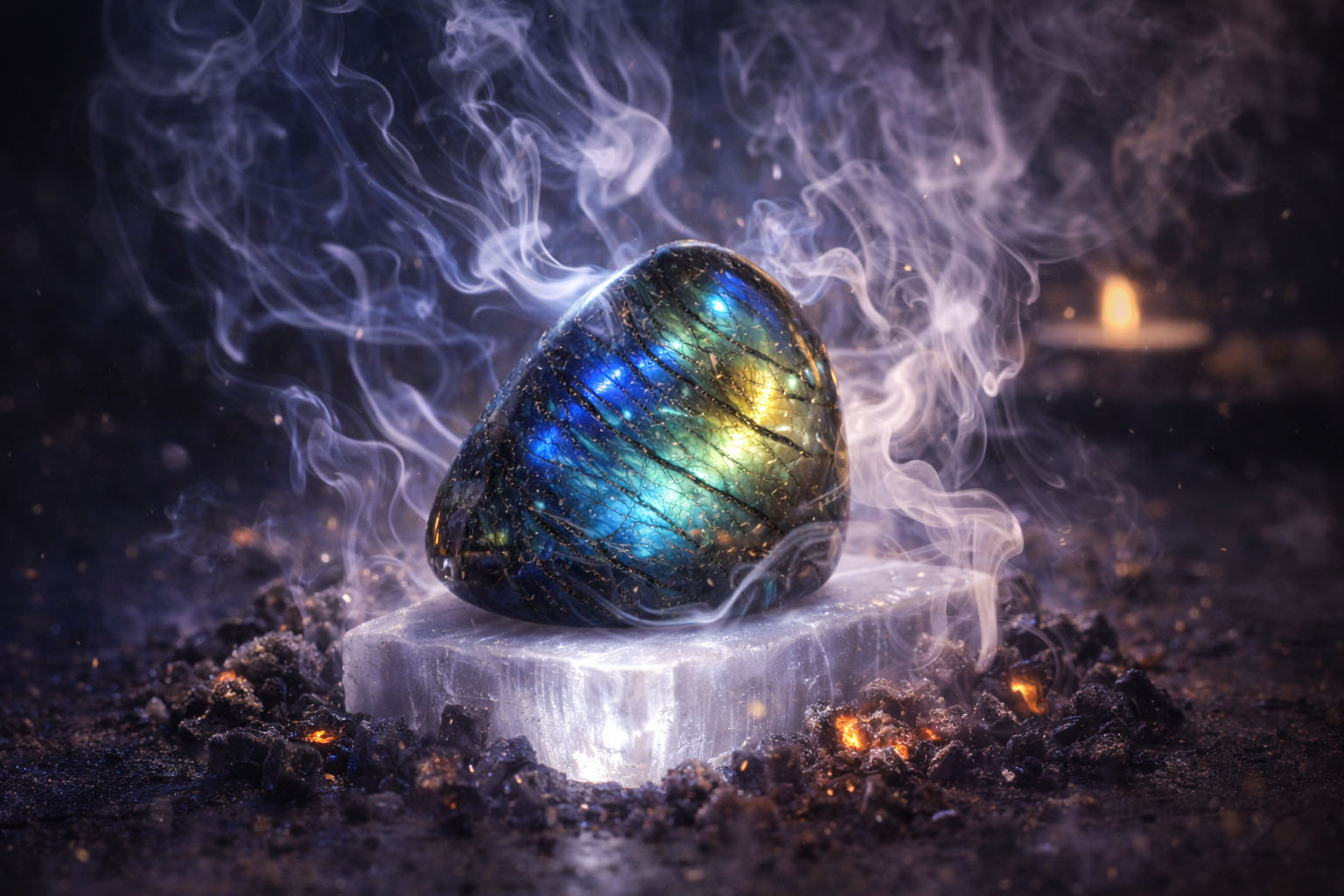 Envuelve la piedra en el humo del copal para purificar su campo áurico de energías externas absorbidas. Ideal para después de haber estado en lugares muy concurridos o con carga emocional negativa.
