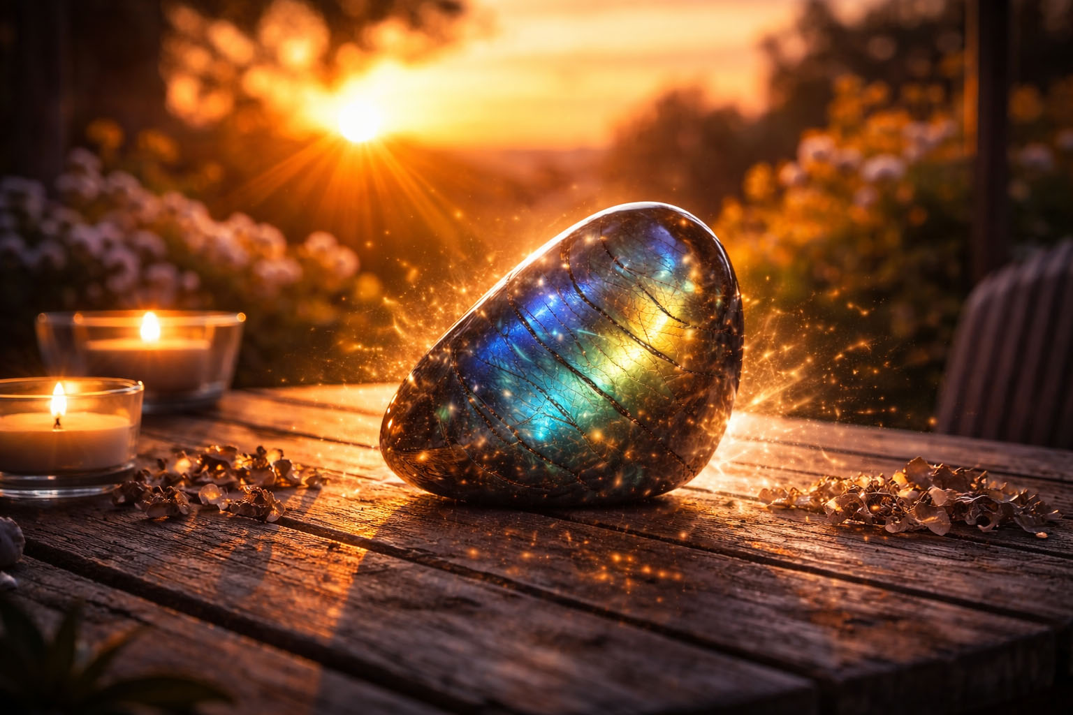 Cárgala con los colores del ocaso (luz dorada y naranja) para infundirle energía de transformación y cierre de ciclos. Este tipo de luz resuena con los destellos cálidos de la piedra, fortaleciendo la confianza personal.
