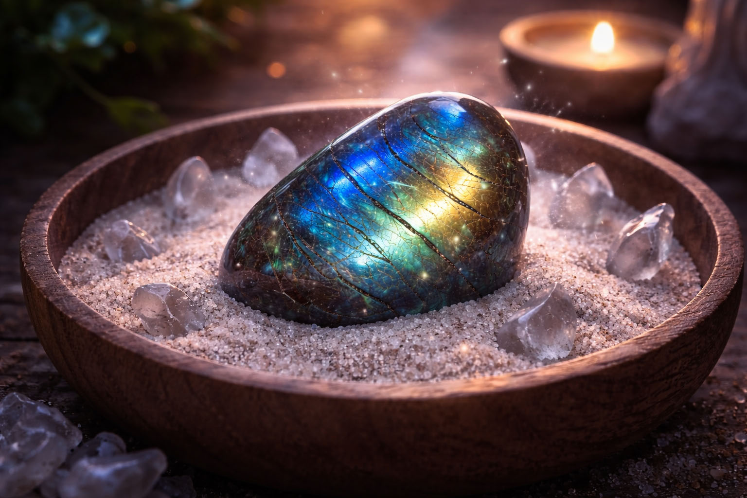 Coloca la piedra en un cuenco con arena de cuarzo blanco para que se recargue por resonancia mineral. Este método le da una carga constante y equilibrada, ideal para labradoritas que se usan como amuletos diarios.