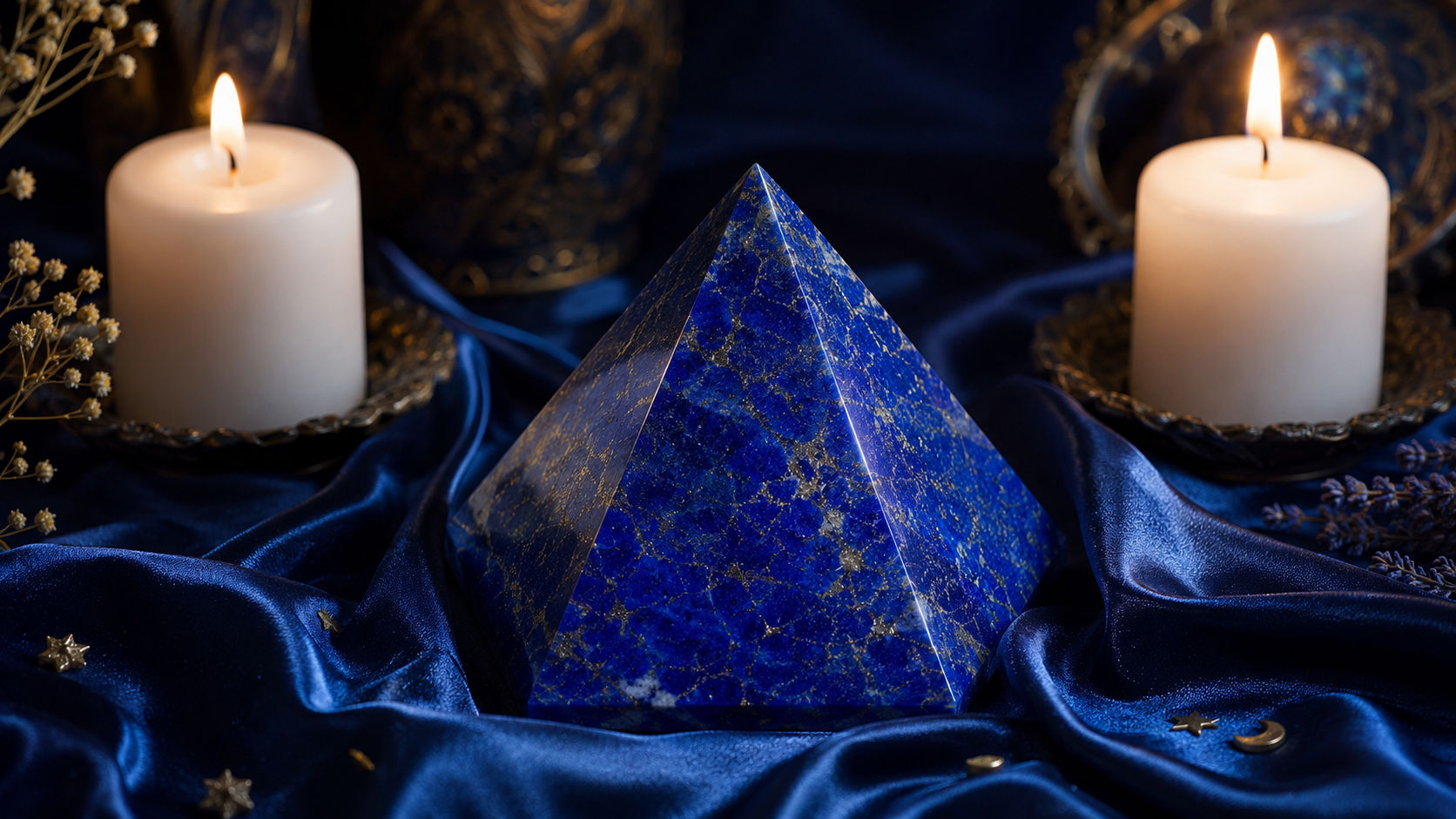 Pirámide de Lapislázuli en el altar para abrir los canales de la intuición y la meditación profunda.