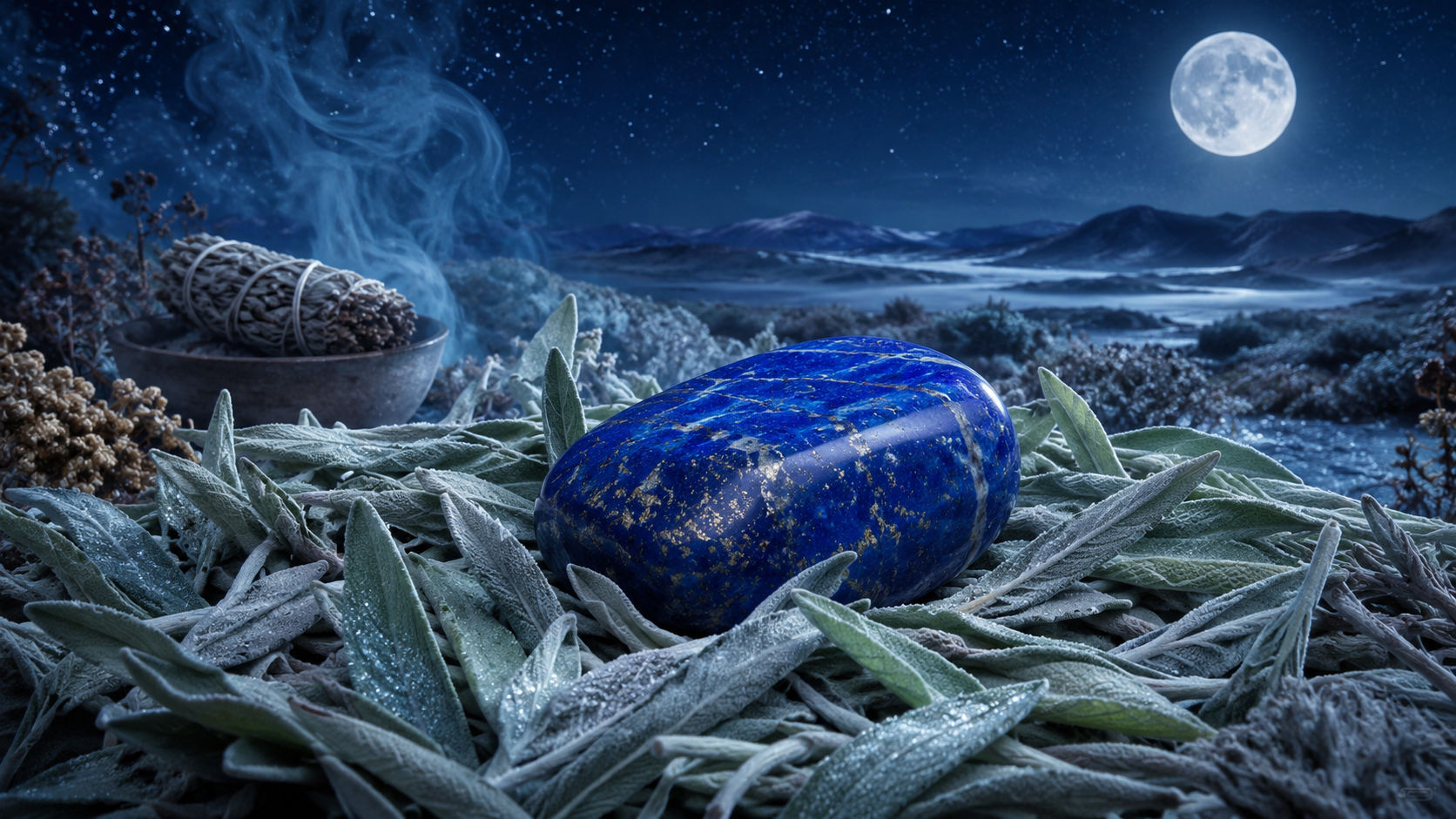 Coloca la piedra sobre una alfombra de hojas de salvia durante toda la noche para que la planta absorba las impurezas del mineral. Es una técnica de limpieza orgánica y seca que respeta la delicada estructura y las venas de pirita de la gema.