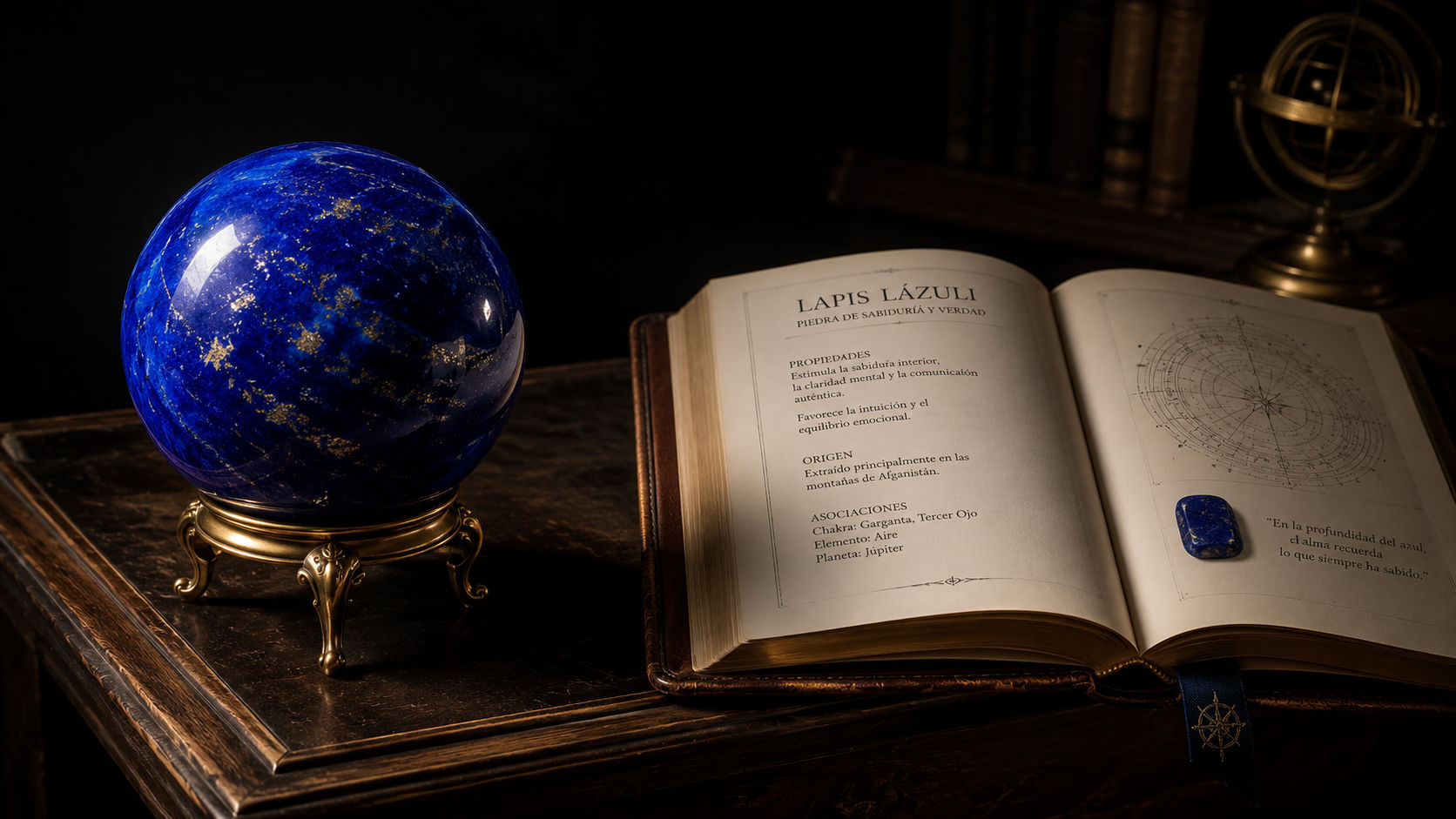 Esfera de Lapislázuli junto a un manual de consulta en Umbral Astral para promover la precisión conceptual y la verdad.