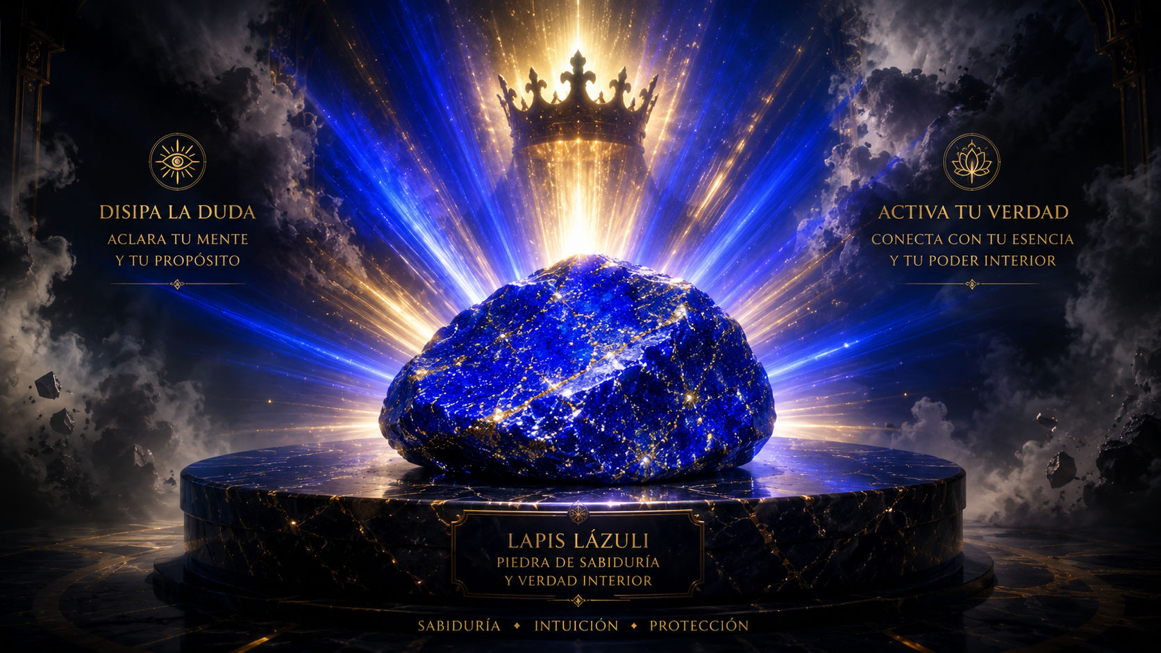 Cristal de Lapislázuli emitiendo un haz de luz azul ultramar y dorada para activar la verdad soberana y el juicio ético.