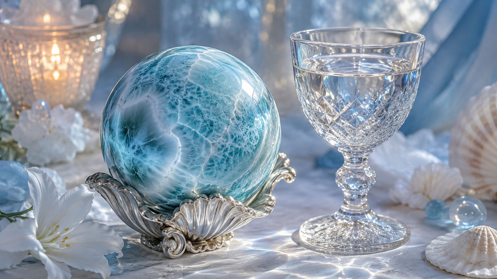 Esfera de Larimar dispuesta en el altar místico para potenciar la conexión con el sagrado femenino.