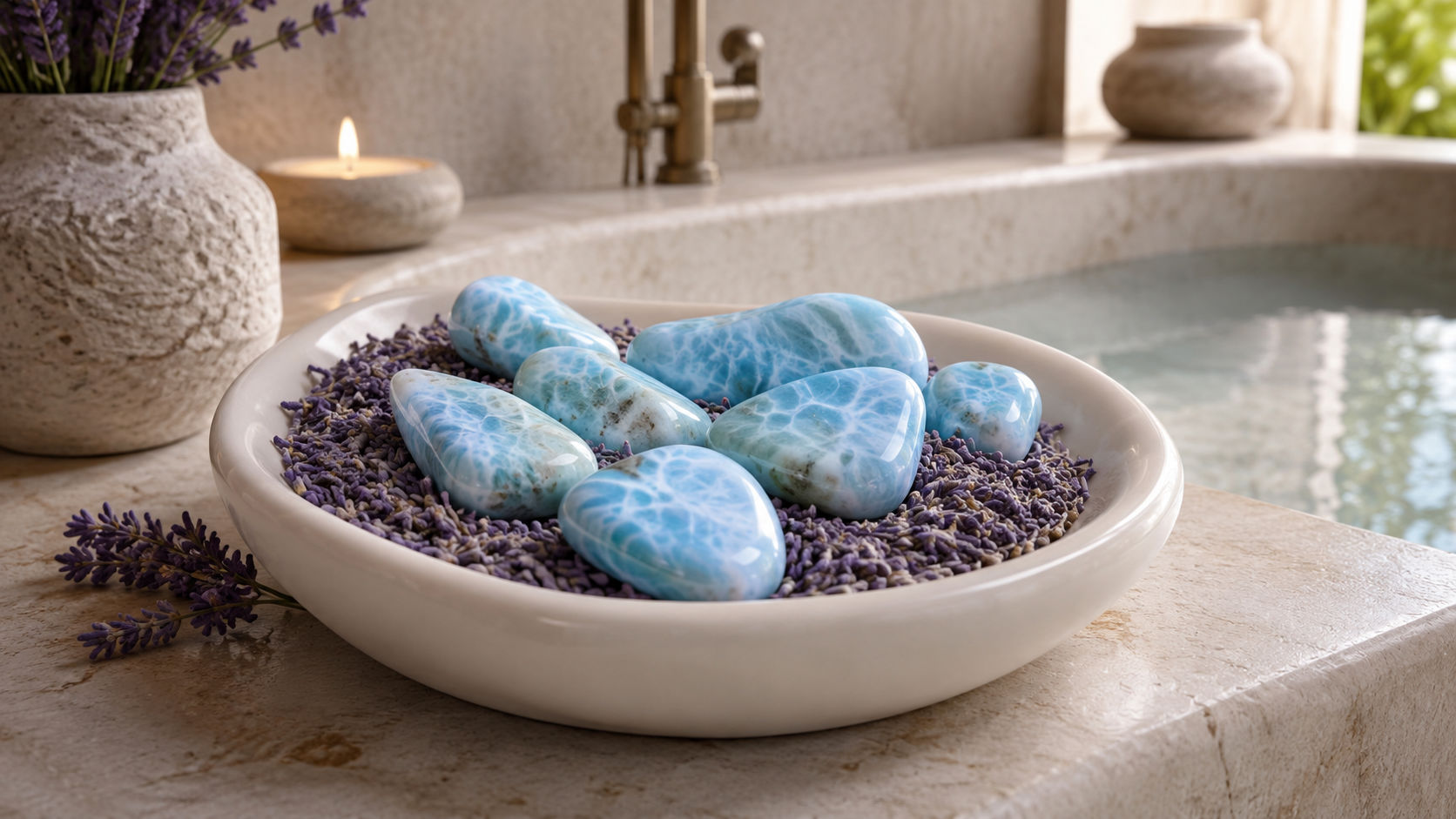 Piedras de Larimar en el baño para transformar el espacio en un templo de purificación atlante.
