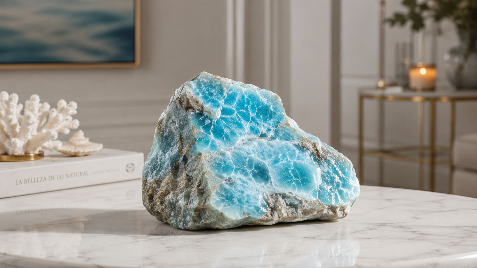 Larimar en el centro de la sala familiar para disolver vibraciones de ira o malentendidos.