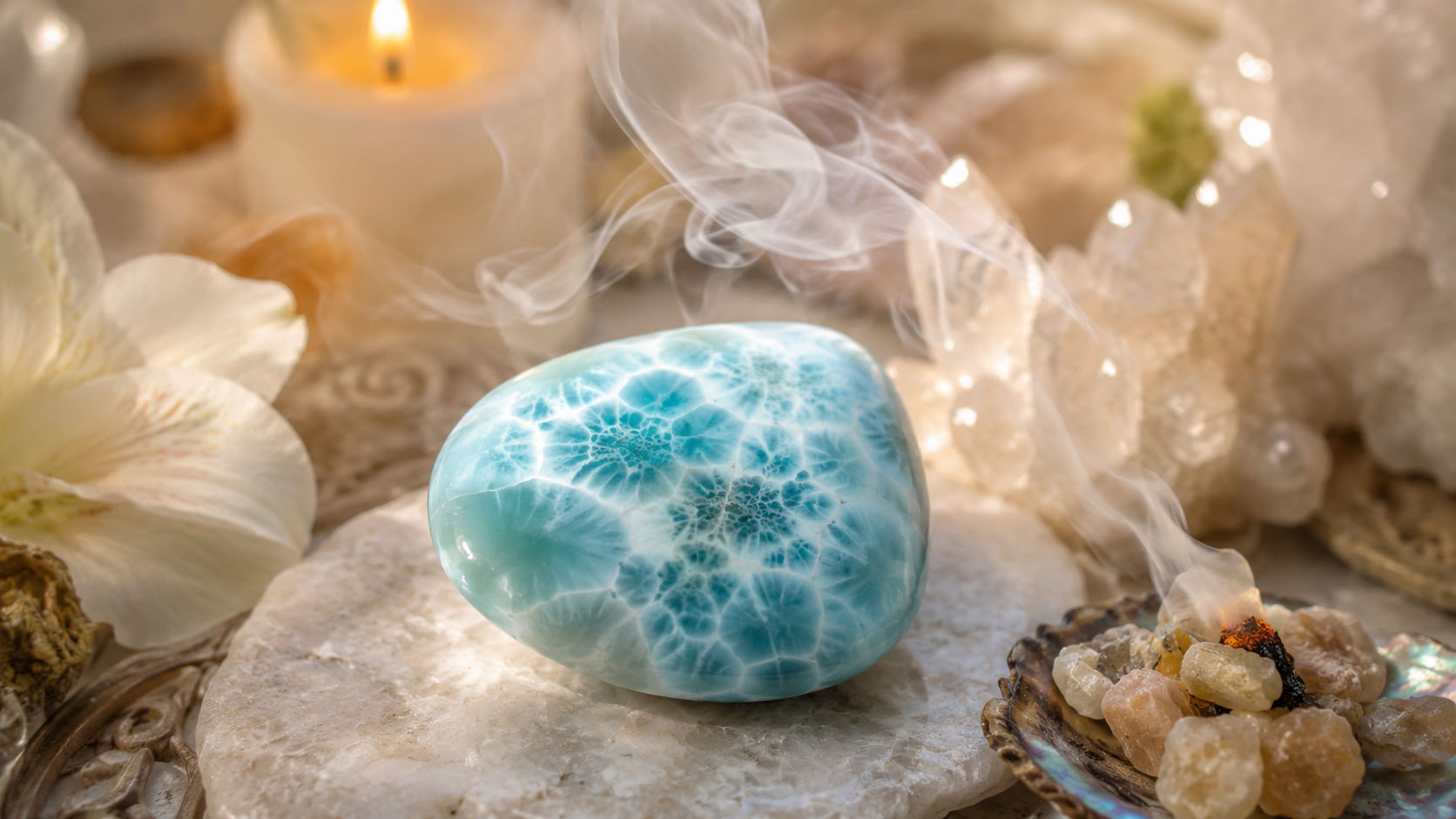 Pasa el cristal a través de las volutas aromáticas de estas maderas benditas para disolver las adherencias vibratorias de su envoltura externa. Mueve el humo en círculos ascendentes para elevar la vibración de las vetas marinas de la piedra.