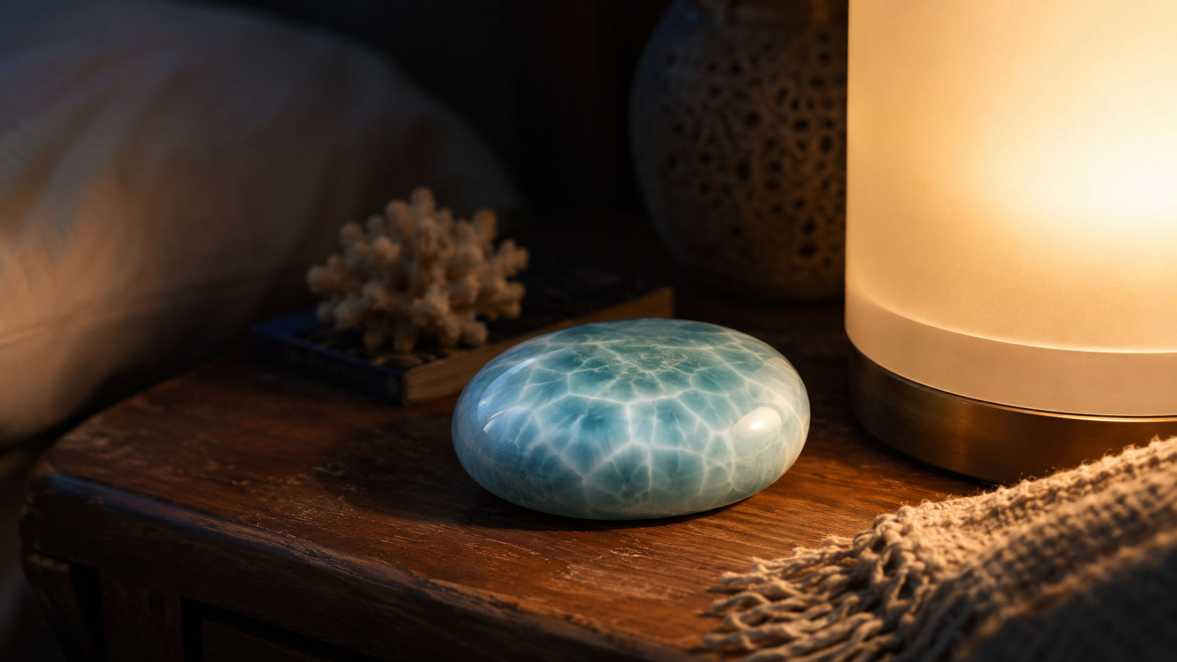 Cabujón de Larimar junto a la lámpara de noche para promover un sueño reparador en Umbral Astral.
