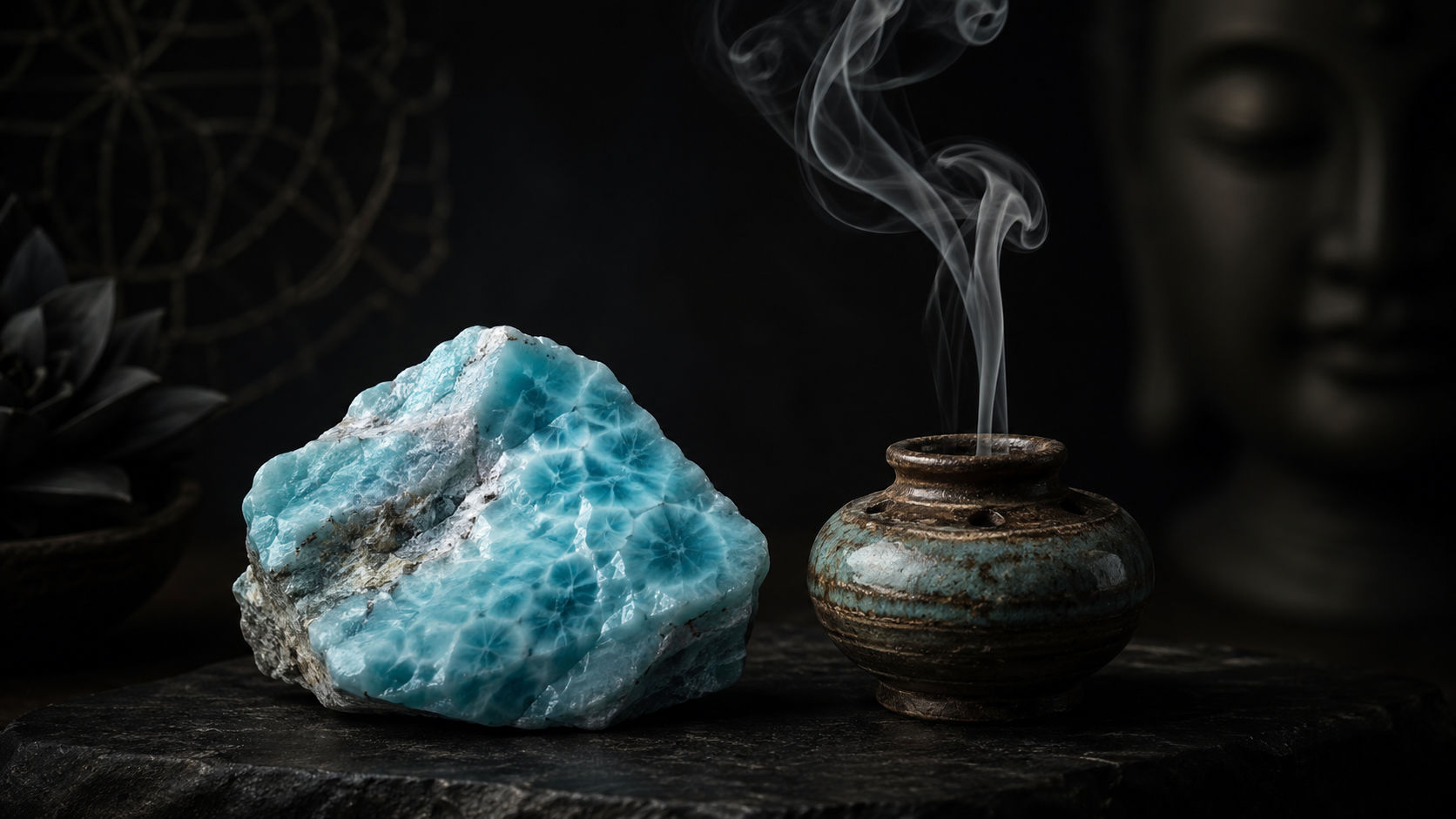 Especimen de Larimar junto a un incensario para elevar la paz del espacio en Umbral Astral.