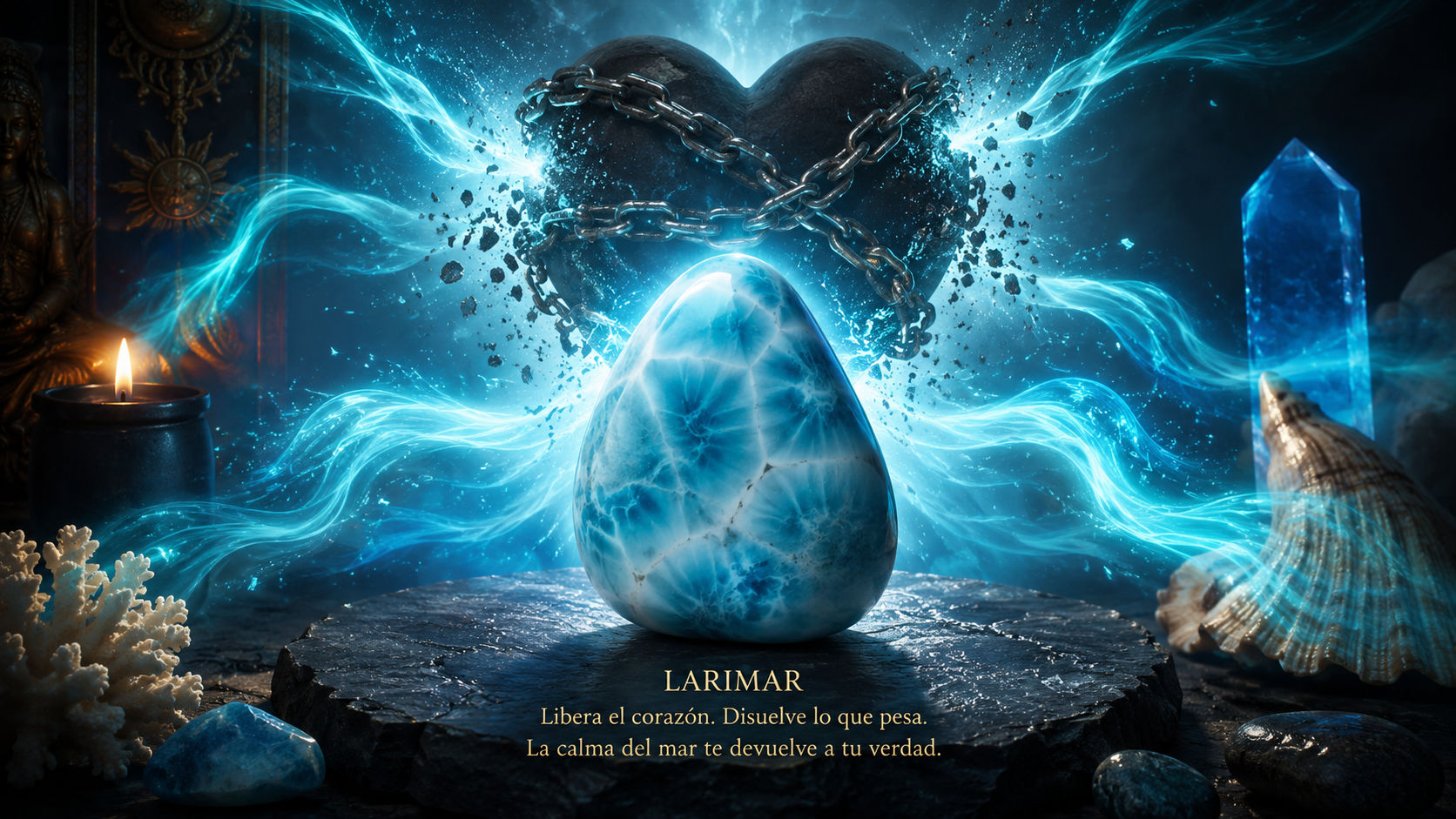 Piedra de Larimar emitiendo luz azul turquesa para liberar patrones de autosabotaje y culpa.