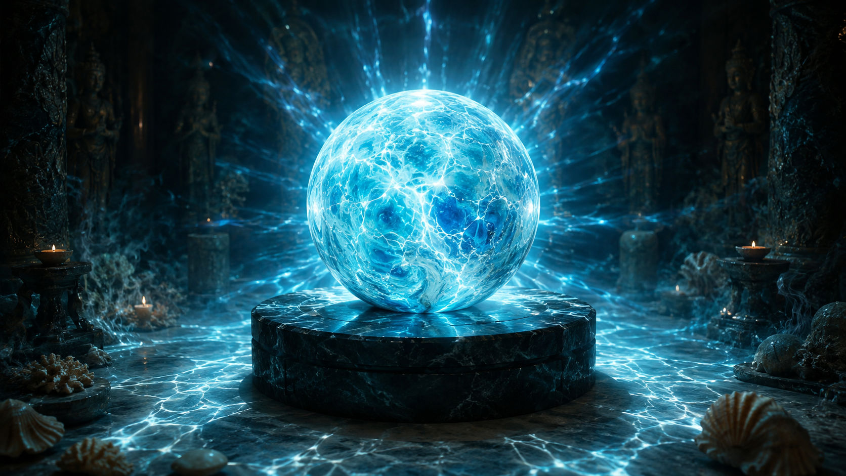 Esfera de Larimar proyectando patrones de luz marina para facilitar la meditación profunda.