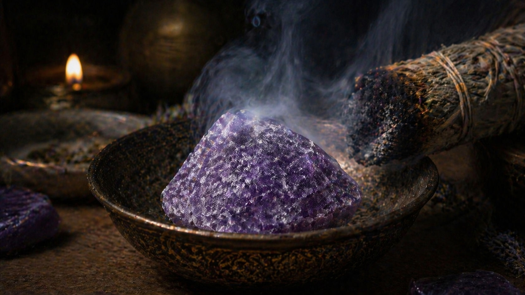Pasa la piedra por el humo sagrado para desprender las larvas energéticas de la ansiedad.
