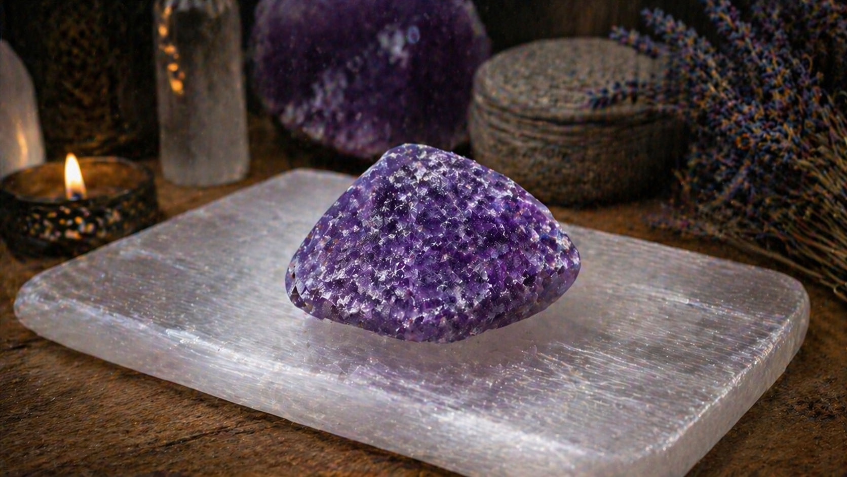 Coloca la lepidolita sobre una placa de selenita para que la luz blanca la atraviese y la recargue de pureza. Es como conectar la piedra a una fuente de alimentación ininterrumpida de alta vibración.