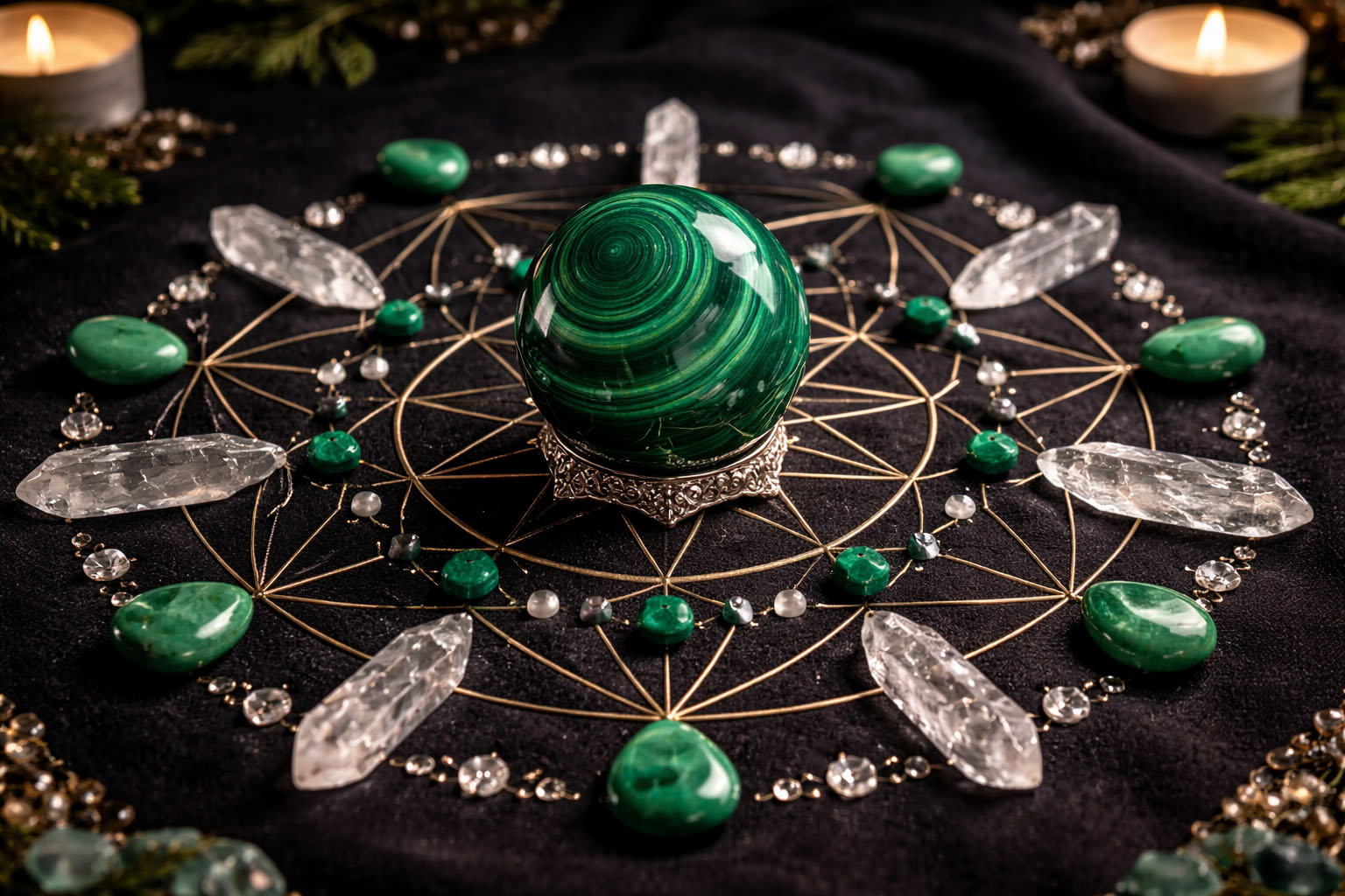 Esfera de Malaquita para potenciar la introspección y la sanación del chakra corazón.