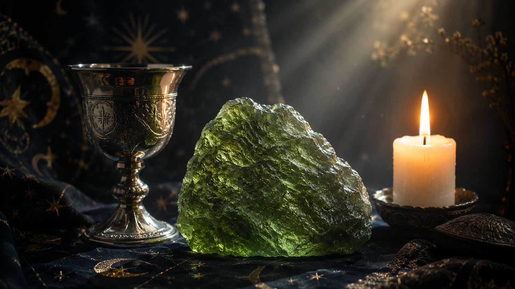 Moldavita dispuesta en el altar de transmutación para canalizar mensajes de los guías estelares.