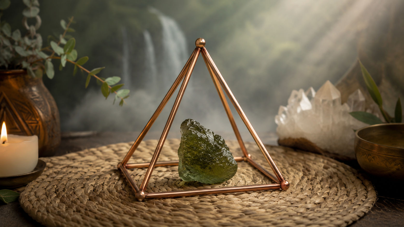 Moldavita protegida por una pirámide para potenciar el desdoblamiento astral y los saltos cuánticos del ser.