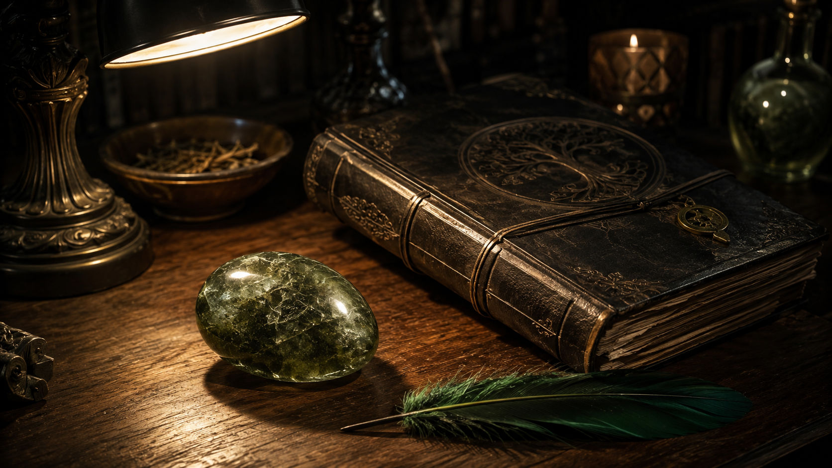 Moldavita junto al diario místico para inspirar la escritura sagrada y la decodificación de visiones.