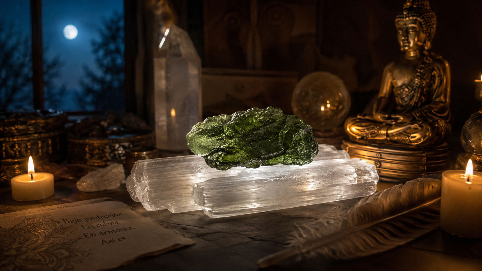 Coloca tu Moldavita encima de un lecho de Selenita durante toda la noche bajo el resguardo de tu altar. La luz blanca y fluida de la Selenita despejará cualquier fatiga astral del amuleto verde sin alterar su estructura.