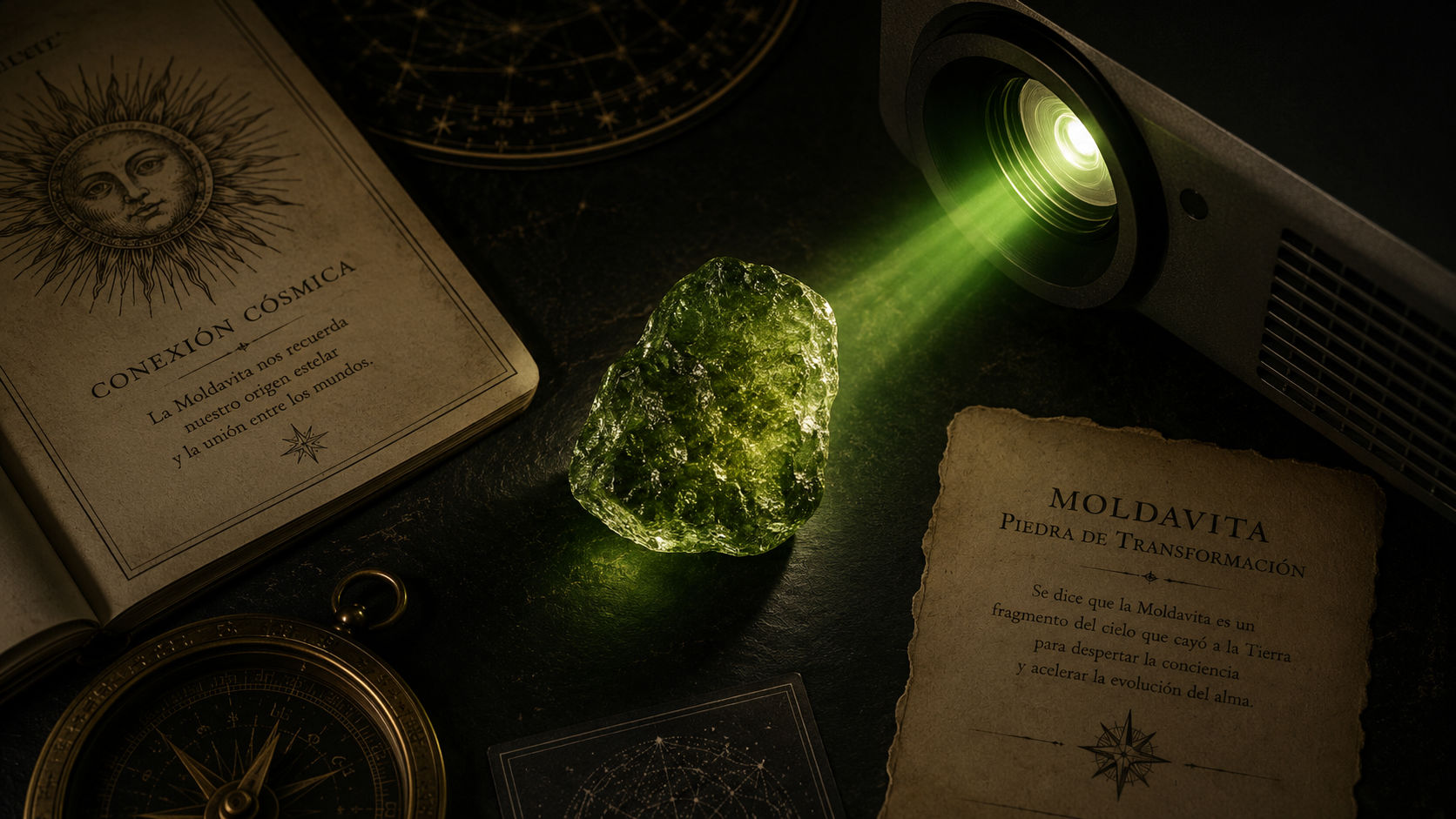 Piedra de Moldavita junto a un proyector para potenciar la innovación y el impacto de la transmisión en Umbral Astral.