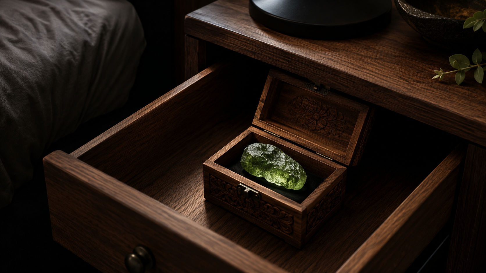 Moldavita guardada en una caja de madera junto a la cama para integrar los cambios durante el descanso.