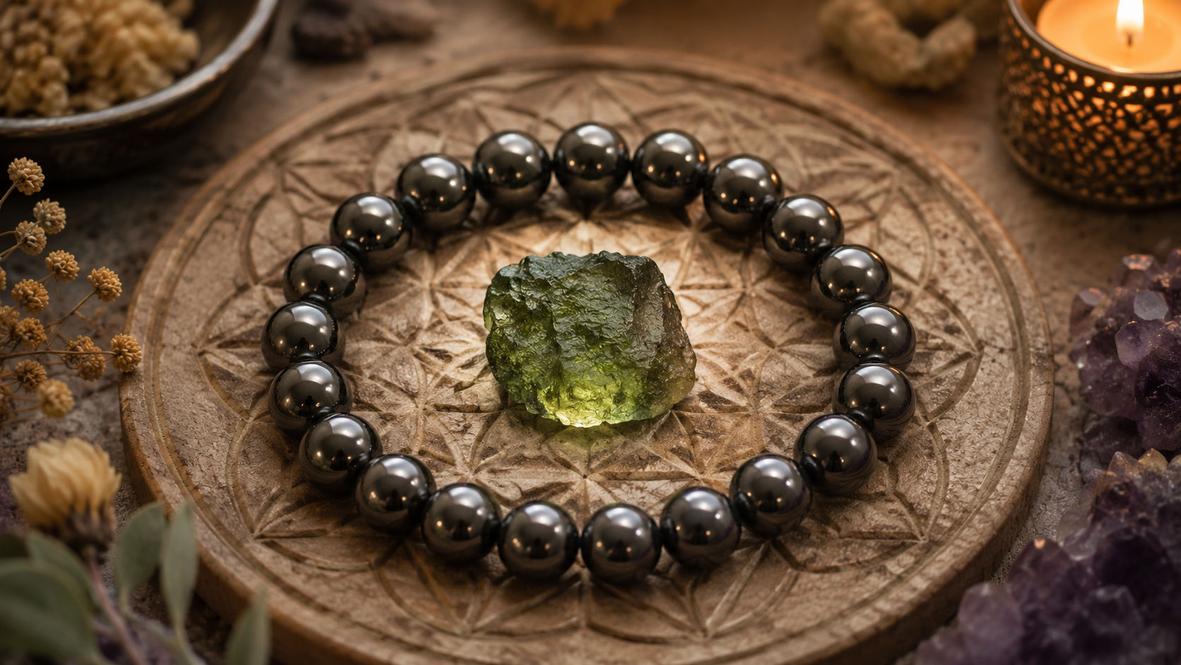 Coloca la Moldavita en el centro de un anillo formado por piedras de Hematites durante doce horas continuas. Este circuito equilibra sus fuerzas celestiales con la estabilidad terrestre, preparando el cristal para trabajar en tu realidad.