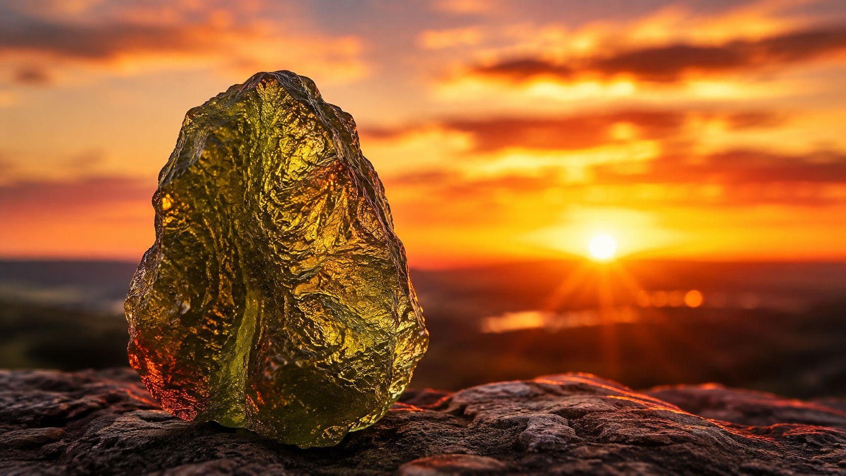 Permite que el cristal reciba los últimos rayos dorados y rojizos del sol justo antes de que se oculte en el horizonte. Esta frecuencia suave aviva su fuego sagrado interno sin agredir la composición sutil de sus verdes oliva.