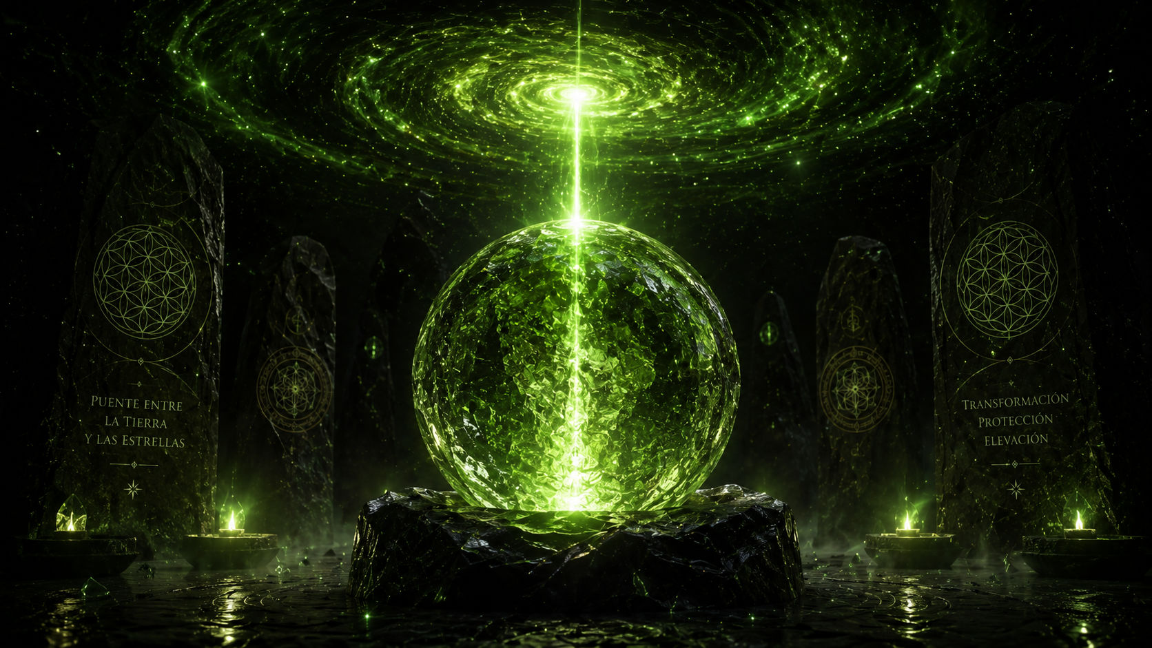 Esfera de Moldavita canalizando luz estelar para abrir la visión astral y la conexión cósmica.