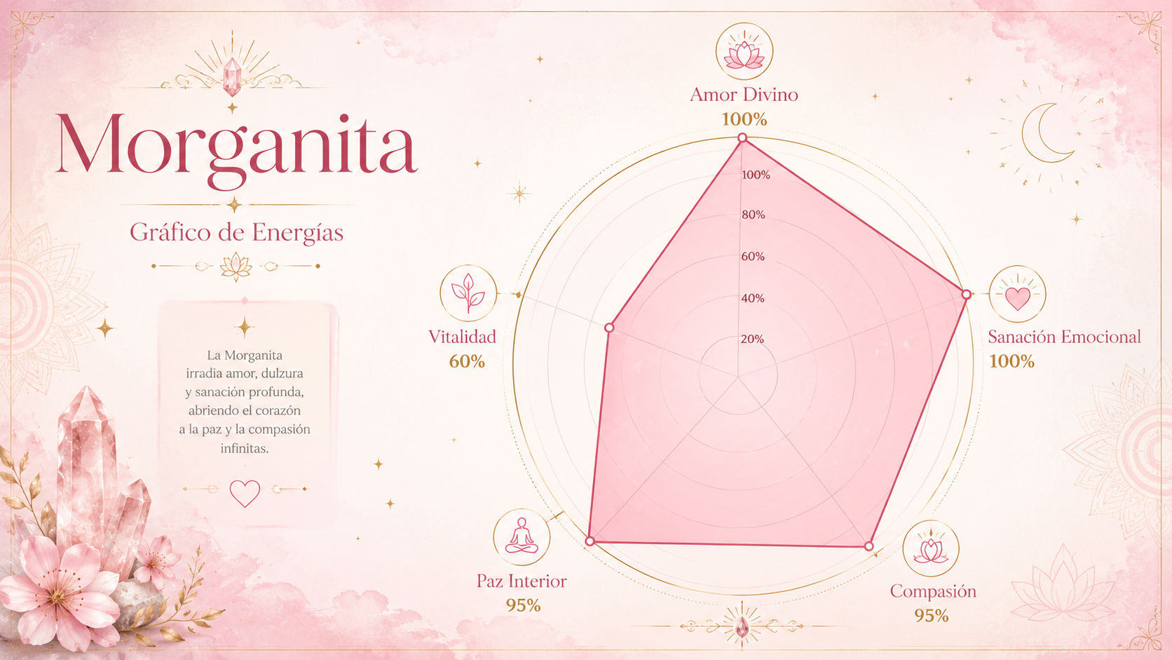 Infografía de resonancia de la Morganita destacando su poder en amor divino y sanación del alma.