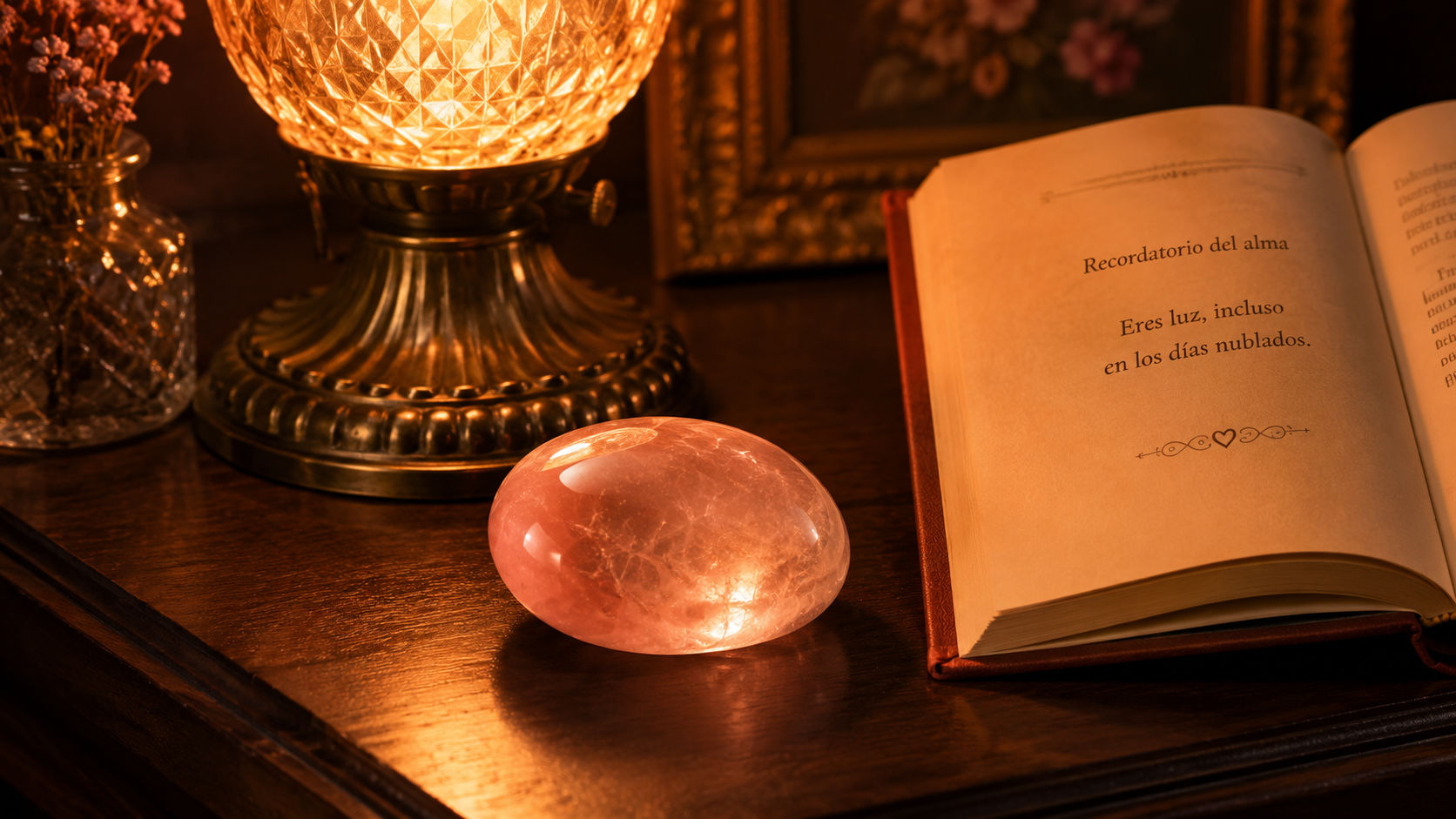 Piedra de Morganita junto a una lámpara de lectura para crear una atmósfera de paz y reflexión.