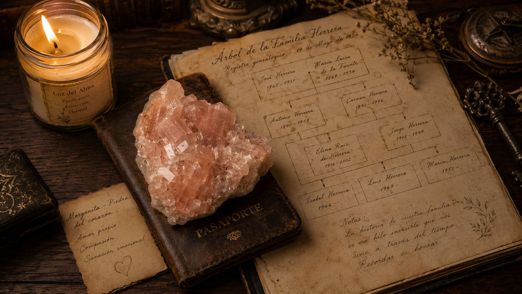 Cluster de Morganita resguardando la libreta de linaje para sanar relaciones familiares en Umbral Astral.