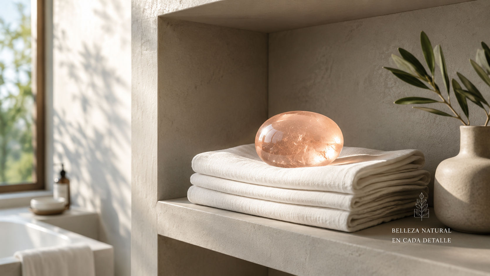 Cabujón de Morganita dispuesto junto a textiles suaves para cargar el ambiente con energía de autocuidado.