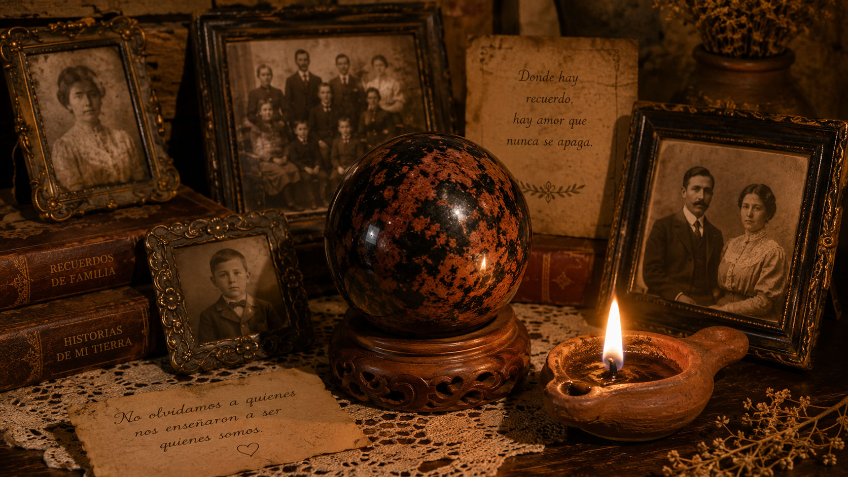 Esfera de Obsidiana Caoba en el altar familiar para transmutar los dolores heredados y bendecir el linaje.
