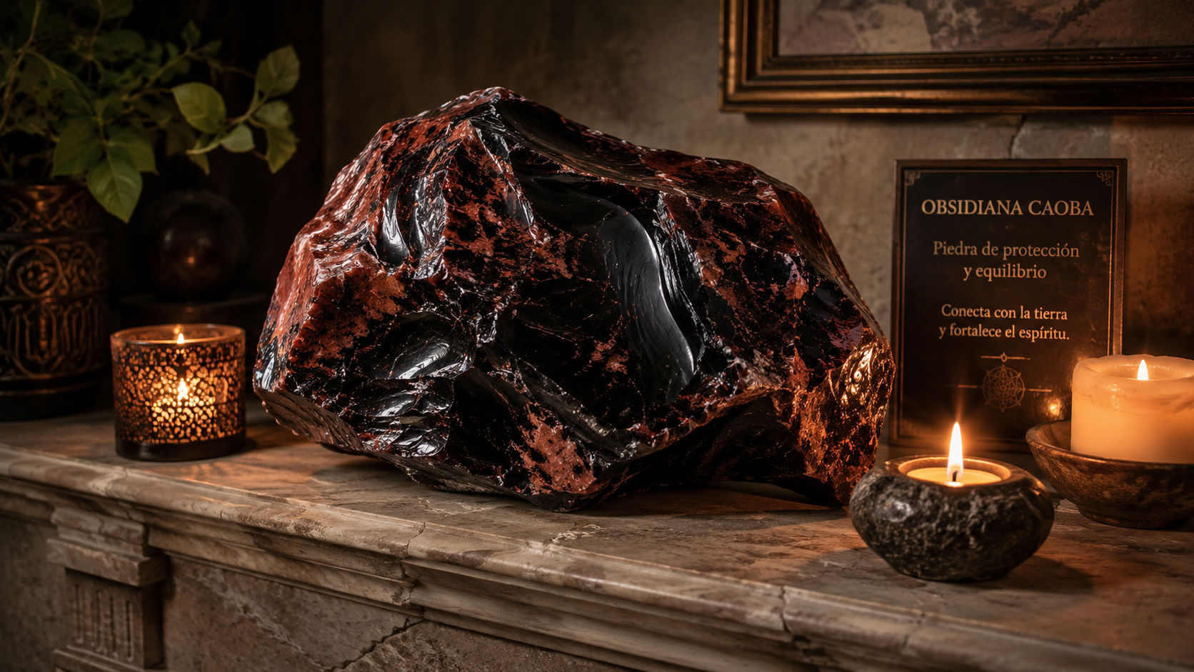 Espécimen de Obsidiana Caoba junto al fuego para potenciar la transmutación de las sombras de la casa.