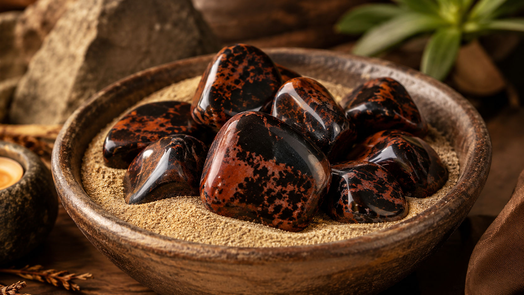 Entierra la Obsidiana Caoba en una maceta con tierra viva o en un cuenco de arena seca durante un ciclo solar completo.
