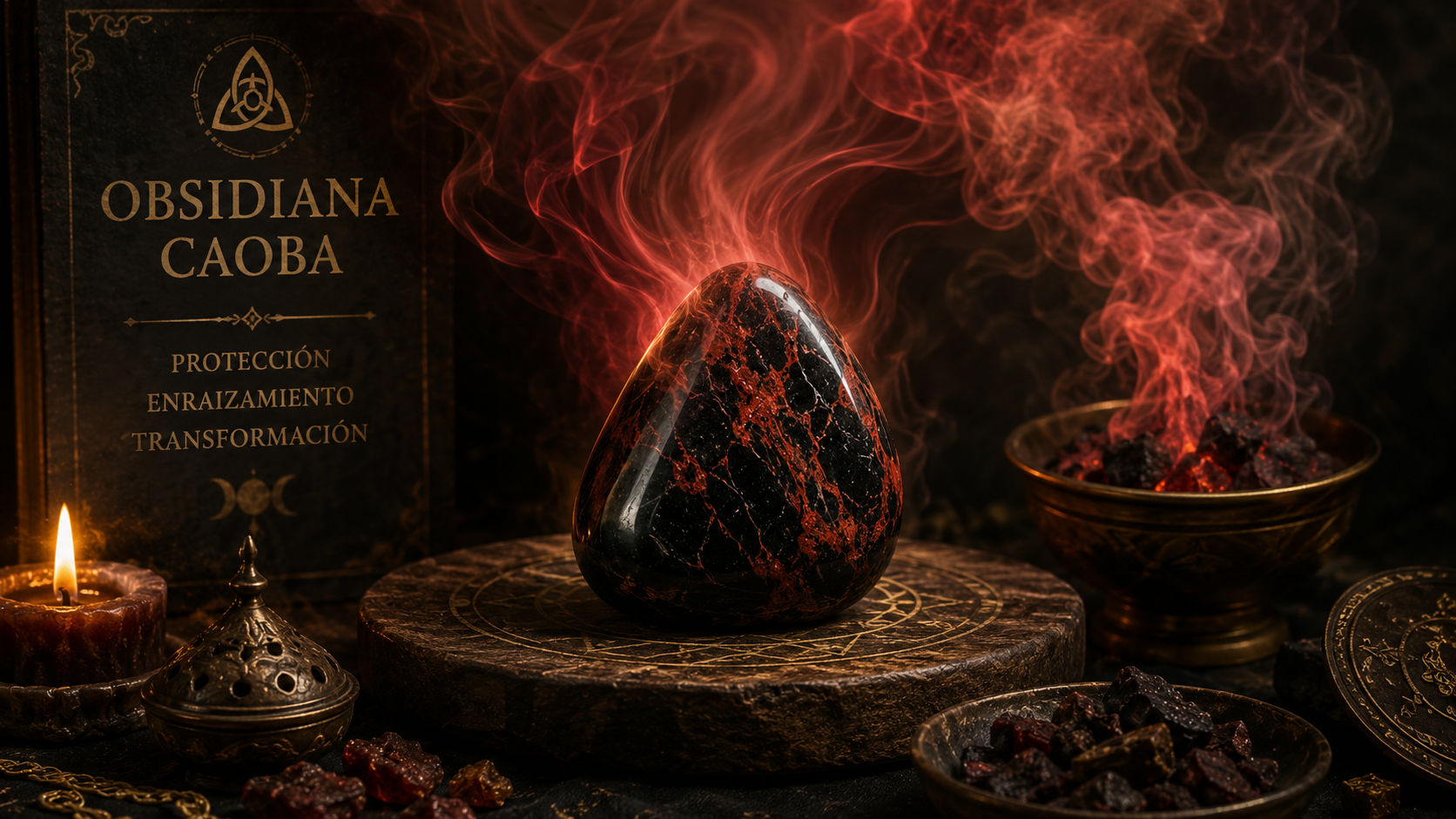 Pasa la piedra calmadamente a través del humo denso de estas resinas de fuego, intencionando la expulsión de larvas astrales. Las espirales místicas desprenderán cualquier residuo denso que el cristal haya atrapado para proteger tu aura.