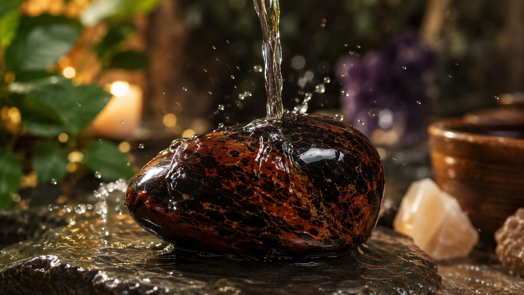 Sostén el cristal bajo el flujo de agua dulce durante unos minutos mientras visualizas cómo las corrientes se llevan la negatividad. Este método reconecta la memoria de la piedra con la fluidez de la naturaleza, limpiando sus canales energéticos internos.