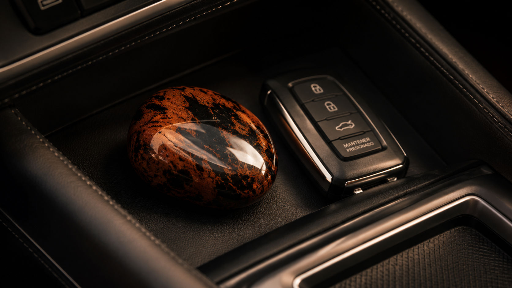 Piedra de Obsidiana Caoba dentro de la guantera del auto para brindar protección y estabilidad al conducir.