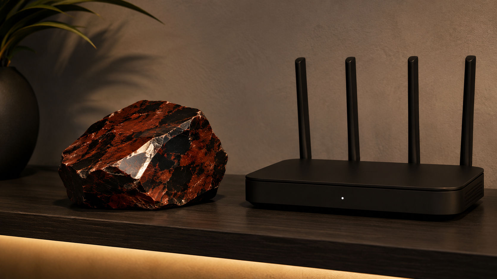 Piedra de Obsidiana Caoba junto al router para anclar la energía electromagnética del hogar en Umbral Astral.