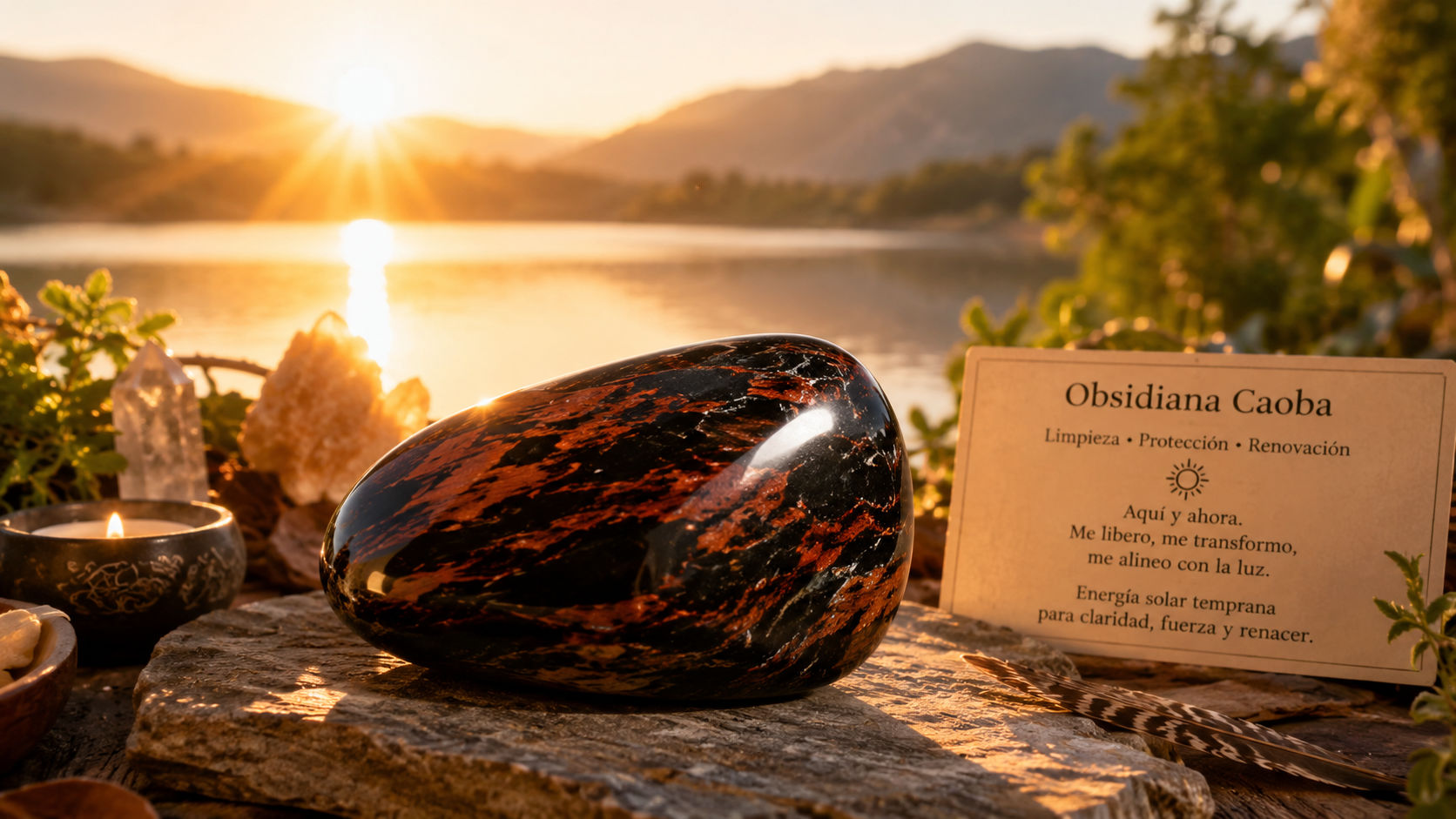 Coloca la Obsidiana Caoba directamente bajo los rayos solares durante las dos primeras horas del día para encender su hierro nativo. La energía del astro rey recargará las venas rojizas de la piedra, inyectando dinamismo, vitalidad y coraje en tu ser.