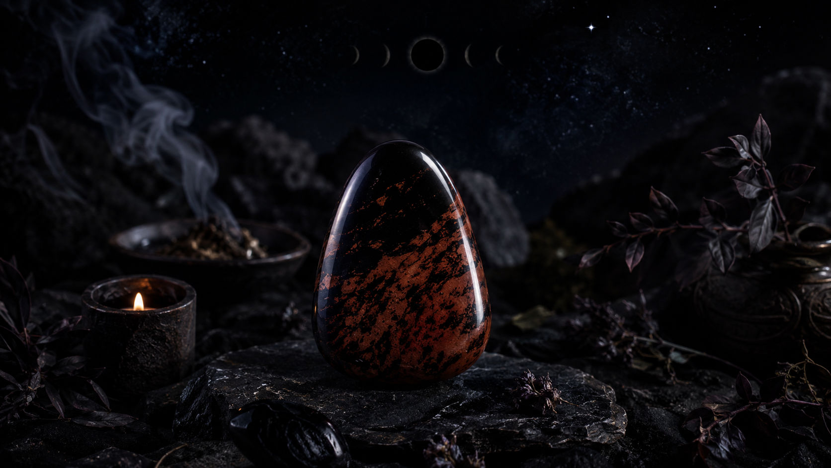 Expón el cristal al firmamento en la noche más oscura del ciclo lunar, cuando el cielo invita a sembrar las intenciones ocultas. Esta ausencia de luz resuena con la naturaleza profunda de la obsidiana, potenciando su capacidad para explorar el inconsciente.