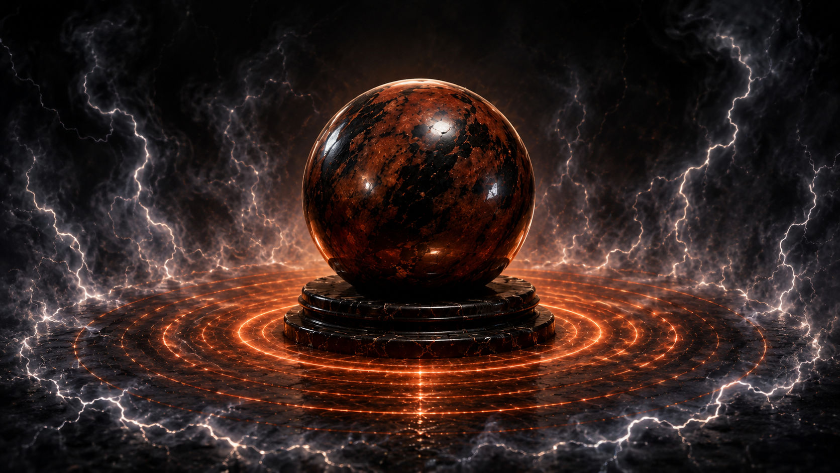 Esfera de Obsidiana Caoba proyectando ondas de luz cálida para anclar el cuerpo y devolver la calma.