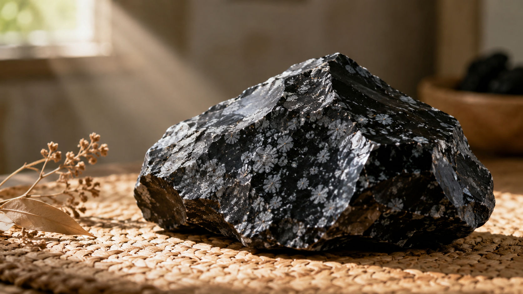 Cluster de Obsidiana Copo de Nieve en el área de meditación para favorecer el enraizamiento y la introspección.