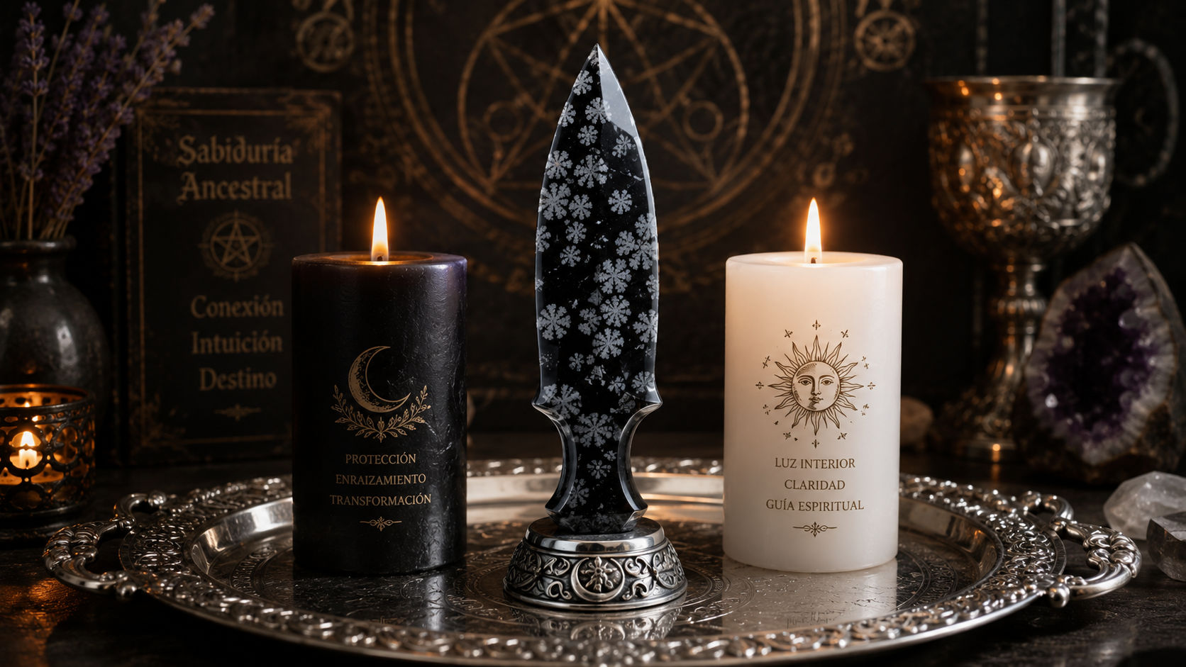 Obsidiana Copo de Nieve dispuesta en el altar místico para equilibrar las energías femeninas y masculinas.